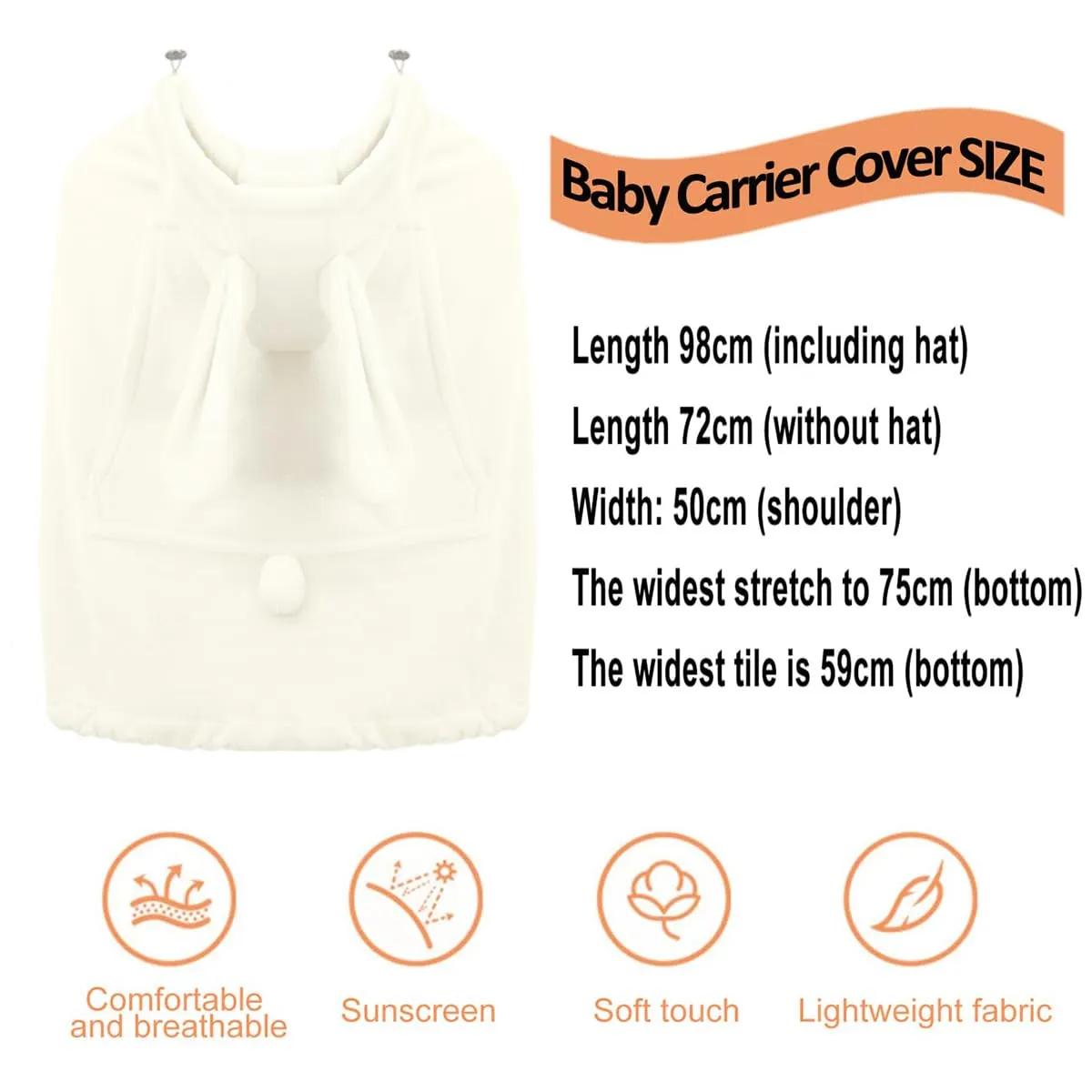 Baby Carrier Cover Stroller Cover -Newborn Hooded Stretchy Cloak Reversible,Cloak Kangaroo Hoodie Baby, Suit for All Seasons-White
