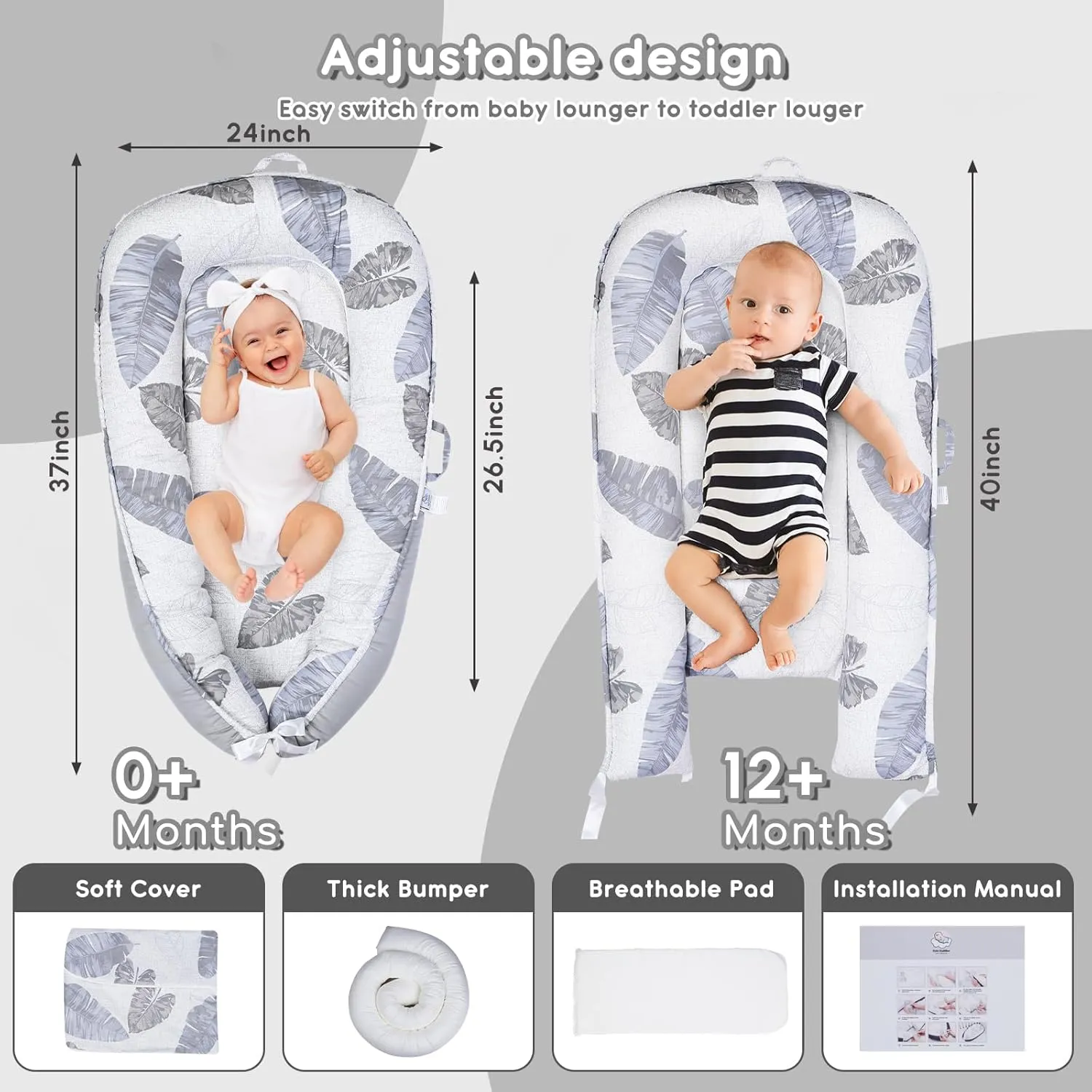 Baby Lounger Infant Lounger for New Born 0-36 Months, Portable Lightweight Soft Memory Foam Baby Nest Lounger, Comfortable Soft Breathable Baby Lounger Pillow (Grey Feather)