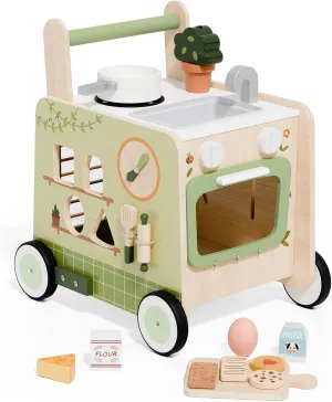 Baby Push Walker -Wooden Push Walker Montessori Toy- Toddler Learning Activity Walker for Girls Boys 1-3 Years - Pretend Kitchen Playset Ideal for Toddlers（Green ）