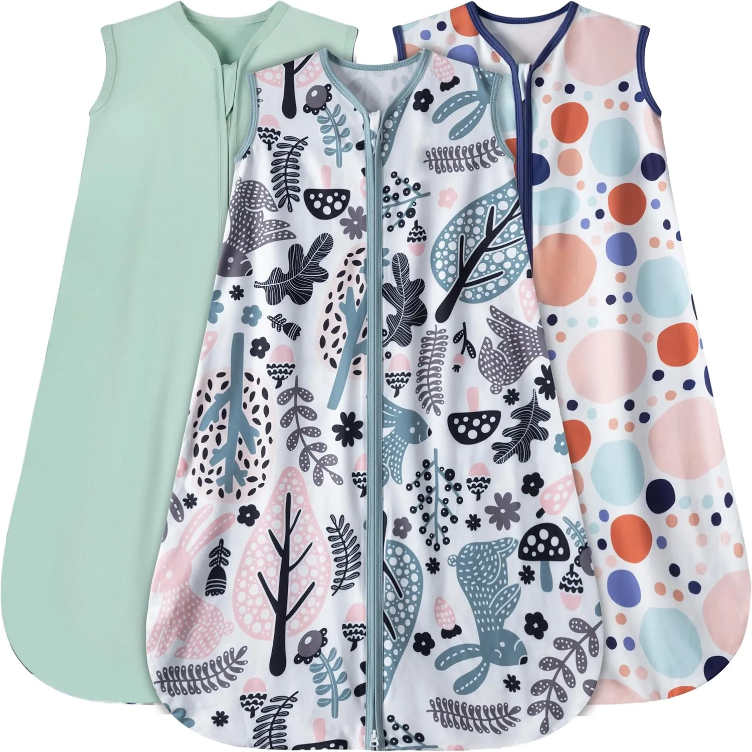 Baby Sleep Sack 12-18 Months 3 Pack Baby Wearable Blanket 100% Rayon Cotton 2-Way Zipper Toddler Sleeping Sack .Comfy Soft Lightweight TOG 0.3 (Rabbit&Rocks&Green,)