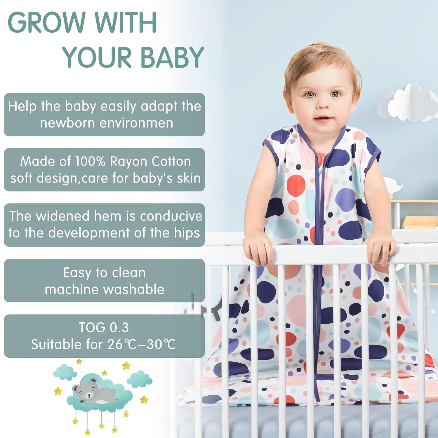 Baby Sleep Sack 12-18 Months 3 Pack Baby Wearable Blanket 100% Rayon Cotton 2-Way Zipper Toddler Sleeping Sack .Comfy Soft Lightweight TOG 0.3 (Rabbit&Rocks&Green,)