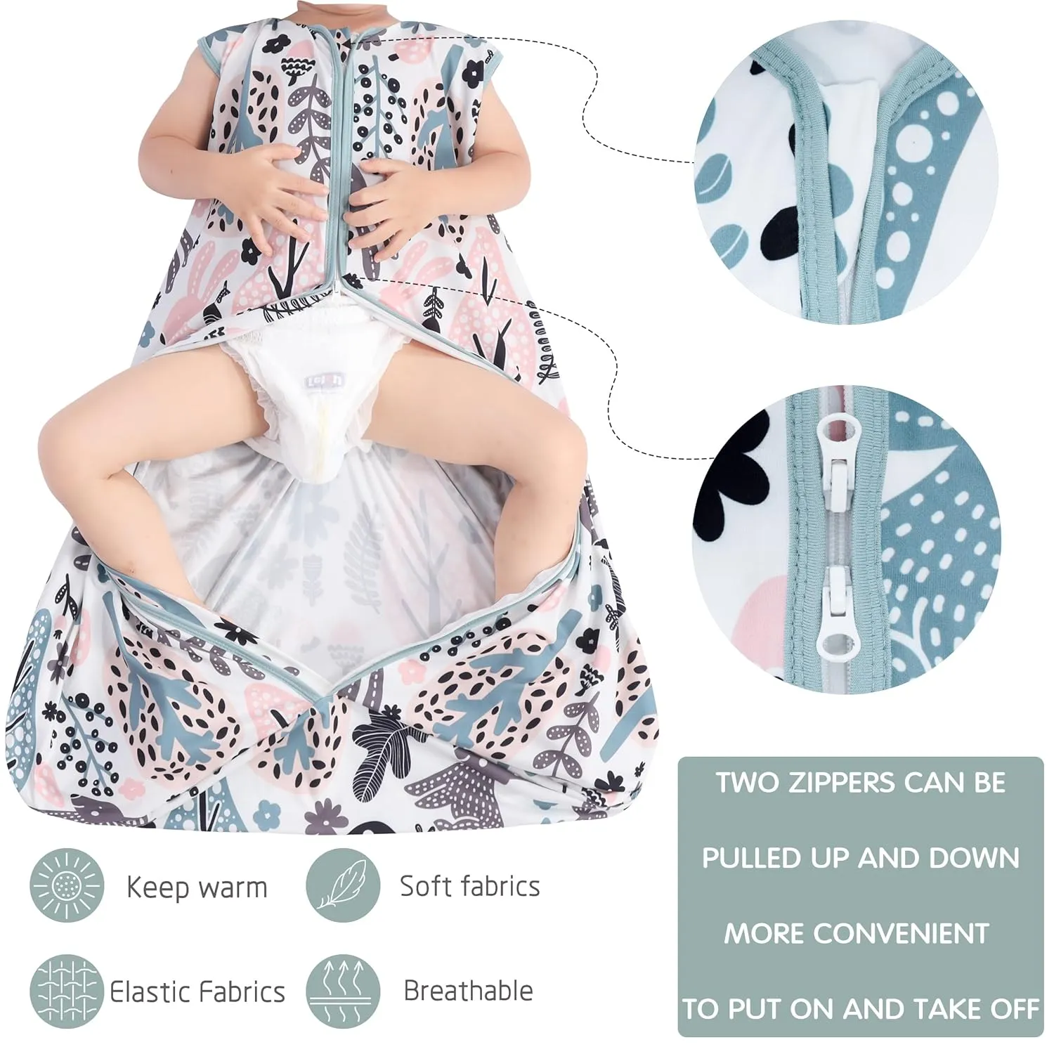 Baby Sleep Sack 12-18 Months 3 Pack Baby Wearable Blanket 100% Rayon Cotton 2-Way Zipper Toddler Sleeping Sack .Comfy Soft Lightweight TOG 0.3 (Rabbit&Rocks&Green,)