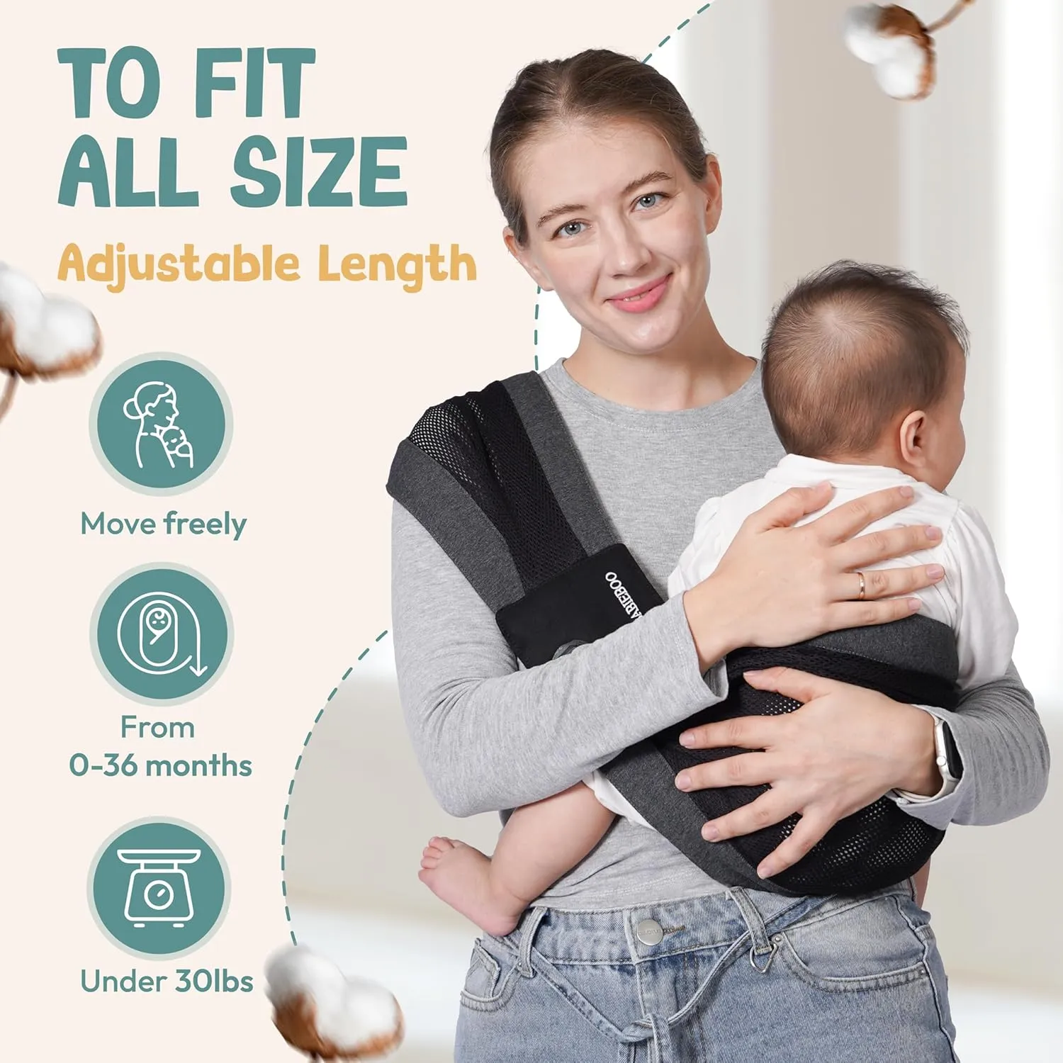 Baby Sling Carrier 8-30 lbs, Newborn Nursing, Toddler Carrier with Safety Buckle, Knob Tech Baby Closer, Adjustable Shoulder Strap, Portable and Lightweight (Black)