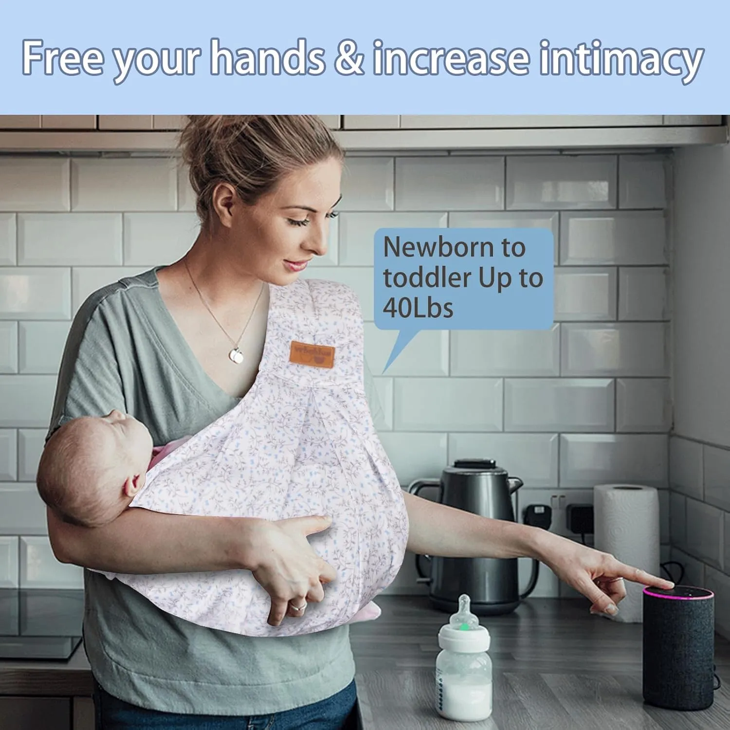 Baby Sling Carrier Newborn, Adjustable Easy Wearing Baby Nursing Warp Sling, New Mom Dad Soft Cotton Baby Front Holder Carrier for Infant Toddler Life Travel Essential Gifts (Blue Flower)