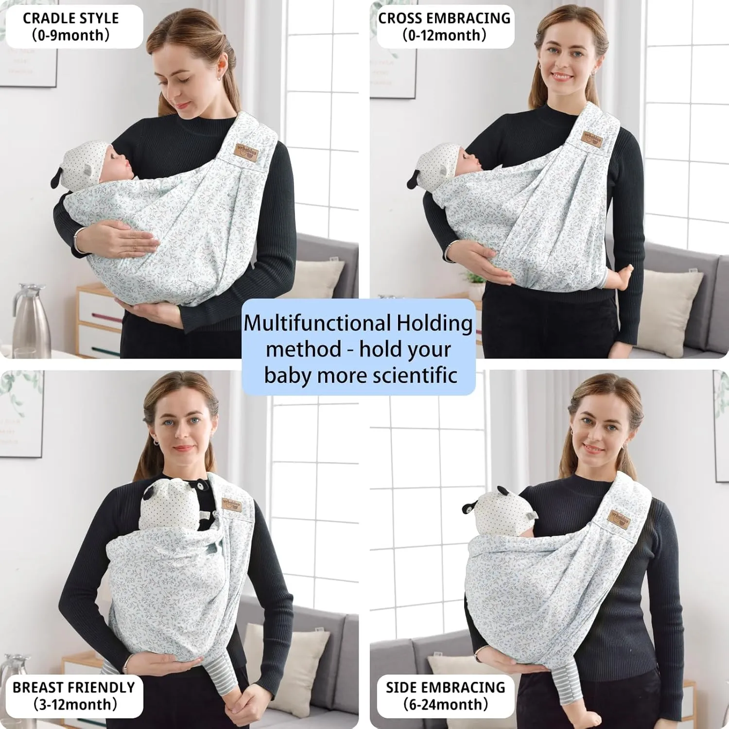 Baby Sling Carrier Newborn, Adjustable Easy Wearing Baby Nursing Warp Sling, New Mom Dad Soft Cotton Baby Front Holder Carrier for Infant Toddler Life Travel Essential Gifts (Blue Flower)
