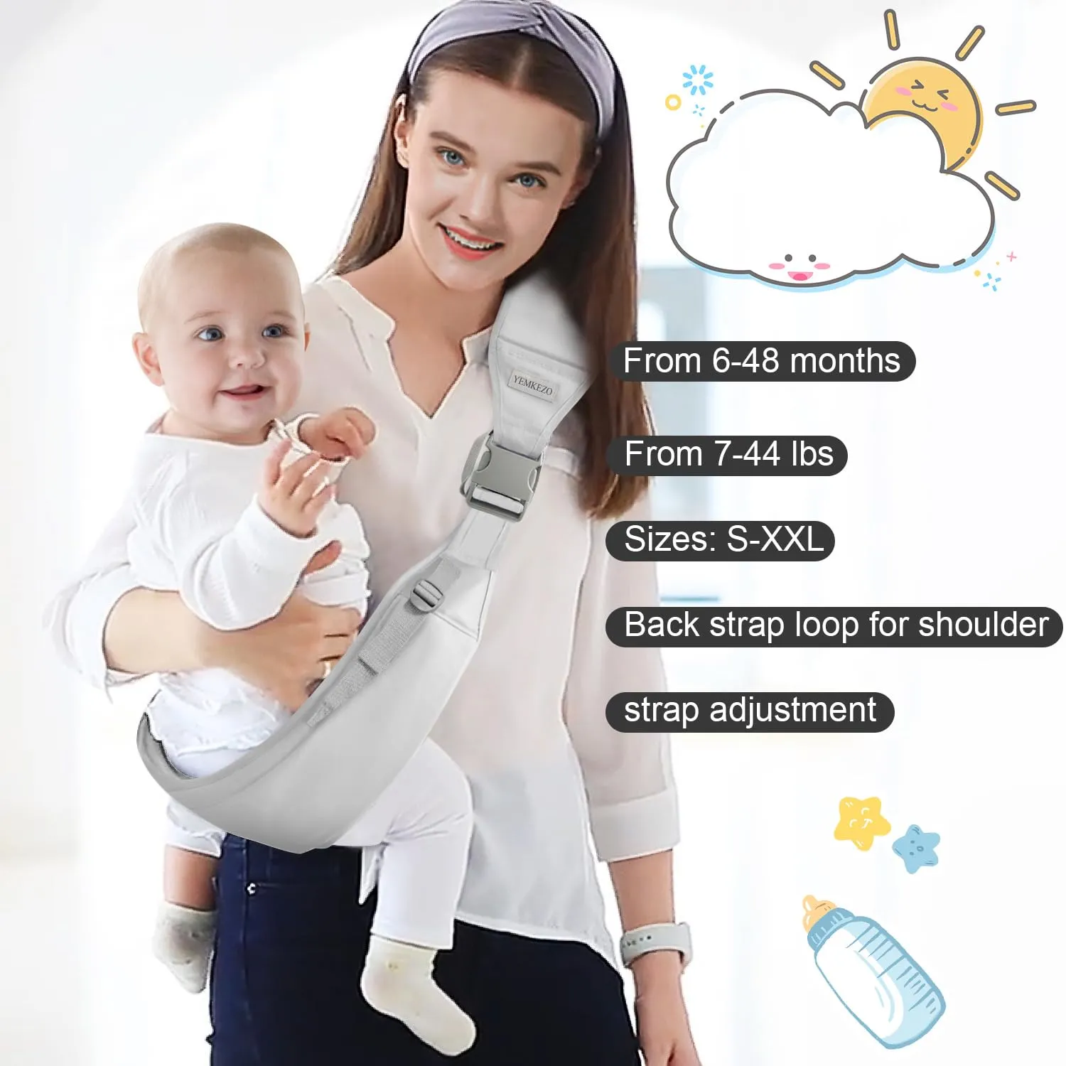 Baby Sling Carrier Newborn to Toddler,Updated Adjustable One Shoulder Labor-Saving Baby Holder Carrier,Tollder Sling Carrying 7-45 lbs（All-Season-Gray）