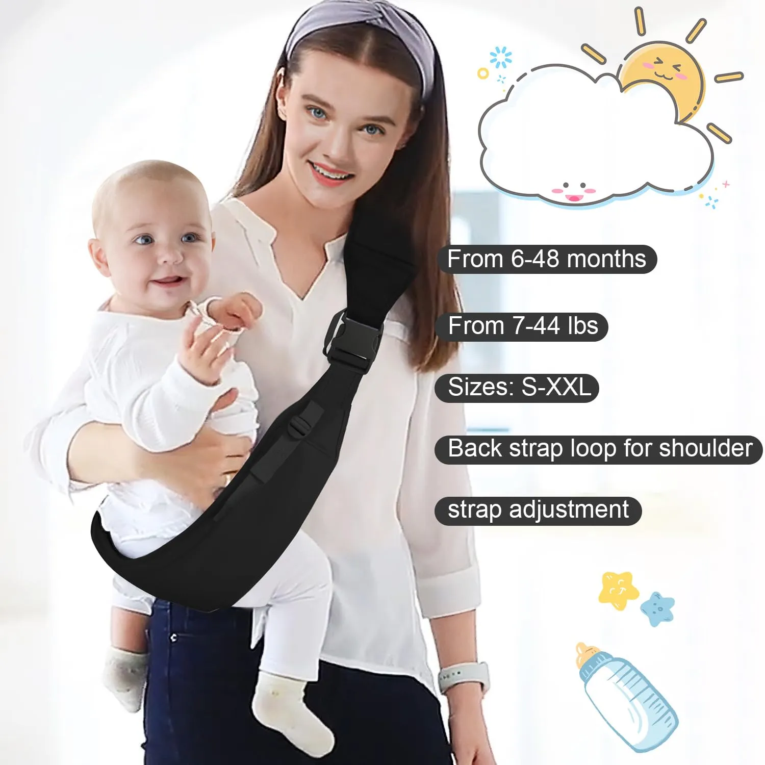 Baby Sling Carrier Newborn to Toddler,Updated Adjustable One Shoulder Labor-Saving Baby Holder Carrier,Tollder Sling Carrying 7-45 lbs（Black）
