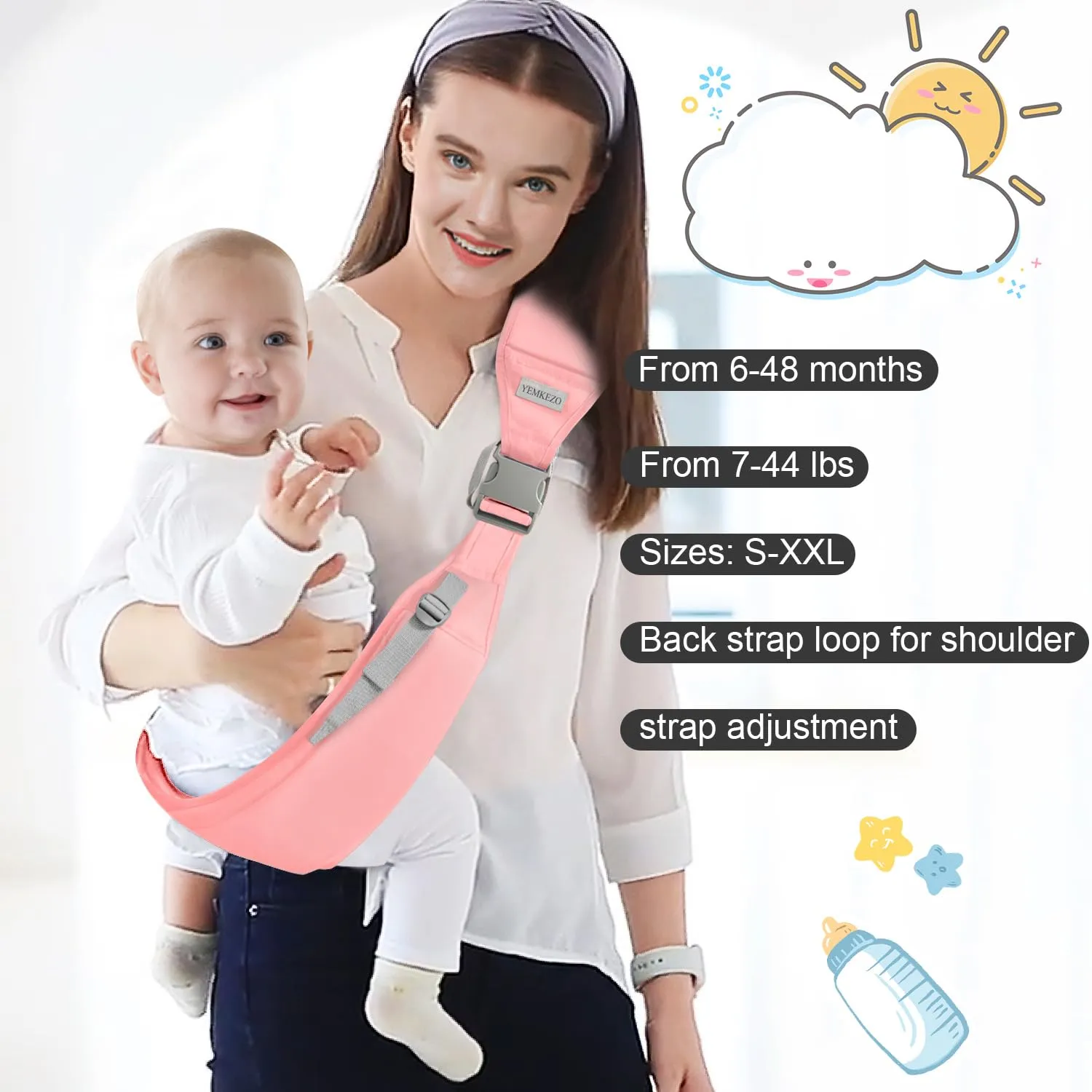 Baby Sling Carrier Newborn to Toddler,Updated Adjustable One Shoulder Labor-Saving Baby Holder Carrier,Tollder Sling Carrying 7-45 lbs（Pink）