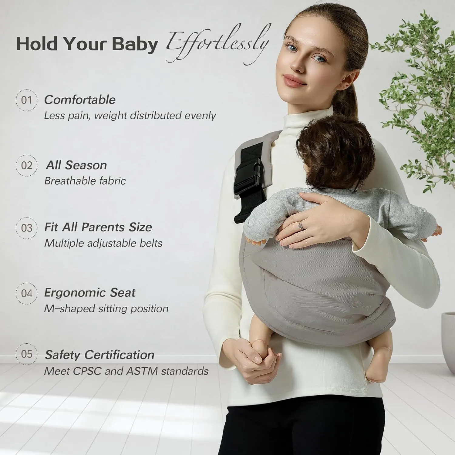 Baby Sling Carrier, Toddler Carrier Sling with Double Safety Buckle and Adjustable Shoulder Strap, Baby Carrier One Size Fits All, Grey