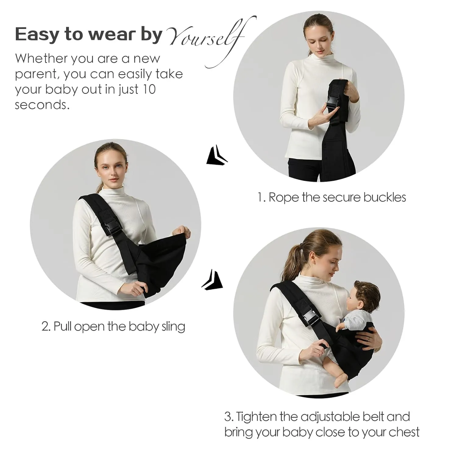 Baby Sling Carrier, Toddler Carrier Sling with Double Safety Buckle and Adjustable Shoulder Strap, Baby Carrier One Size Fits All, Grey