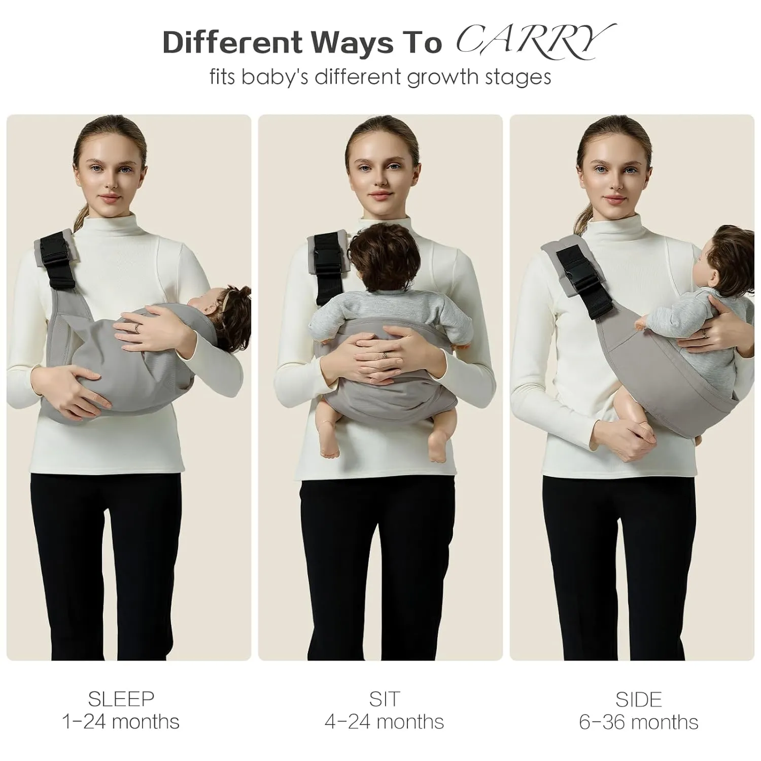 Baby Sling Carrier, Toddler Carrier Sling with Double Safety Buckle and Adjustable Shoulder Strap, Baby Carrier One Size Fits All, Grey