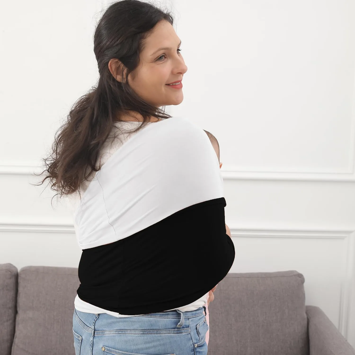 Baby Wrap Carrier, Perfect Baby Carrier Wrap Sling for Newborn and Infant up to 35 lbs. (Black/White, M (S, M, L of Clothing Size))
