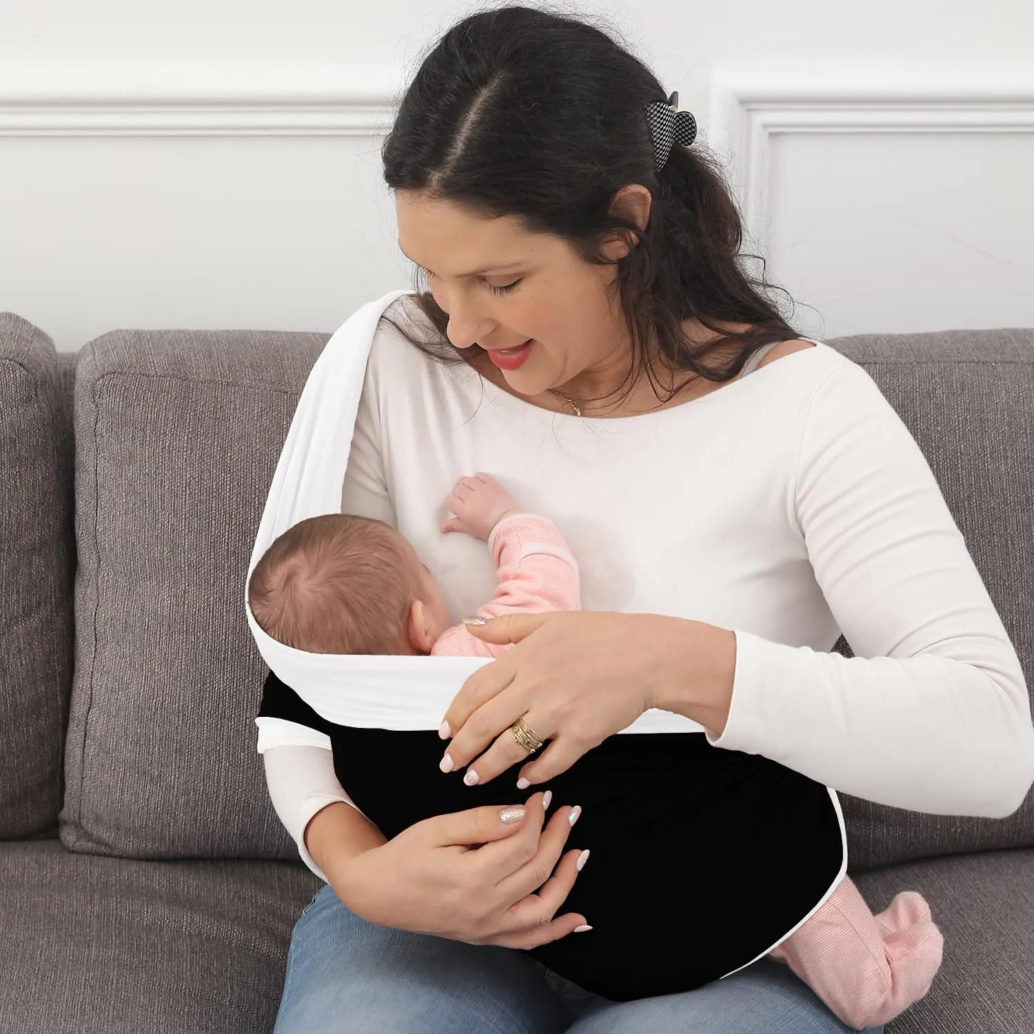 Baby Wrap Carrier, Perfect Baby Carrier Wrap Sling for Newborn and Infant up to 35 lbs. (Black/White, M (S, M, L of Clothing Size))