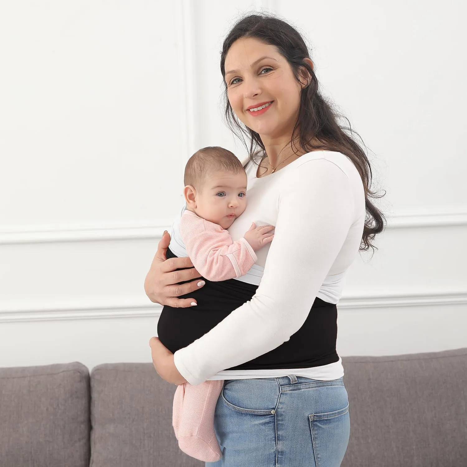 Baby Wrap Carrier, Perfect Baby Carrier Wrap Sling for Newborn and Infant up to 35 lbs. (Black/White, M (S, M, L of Clothing Size))