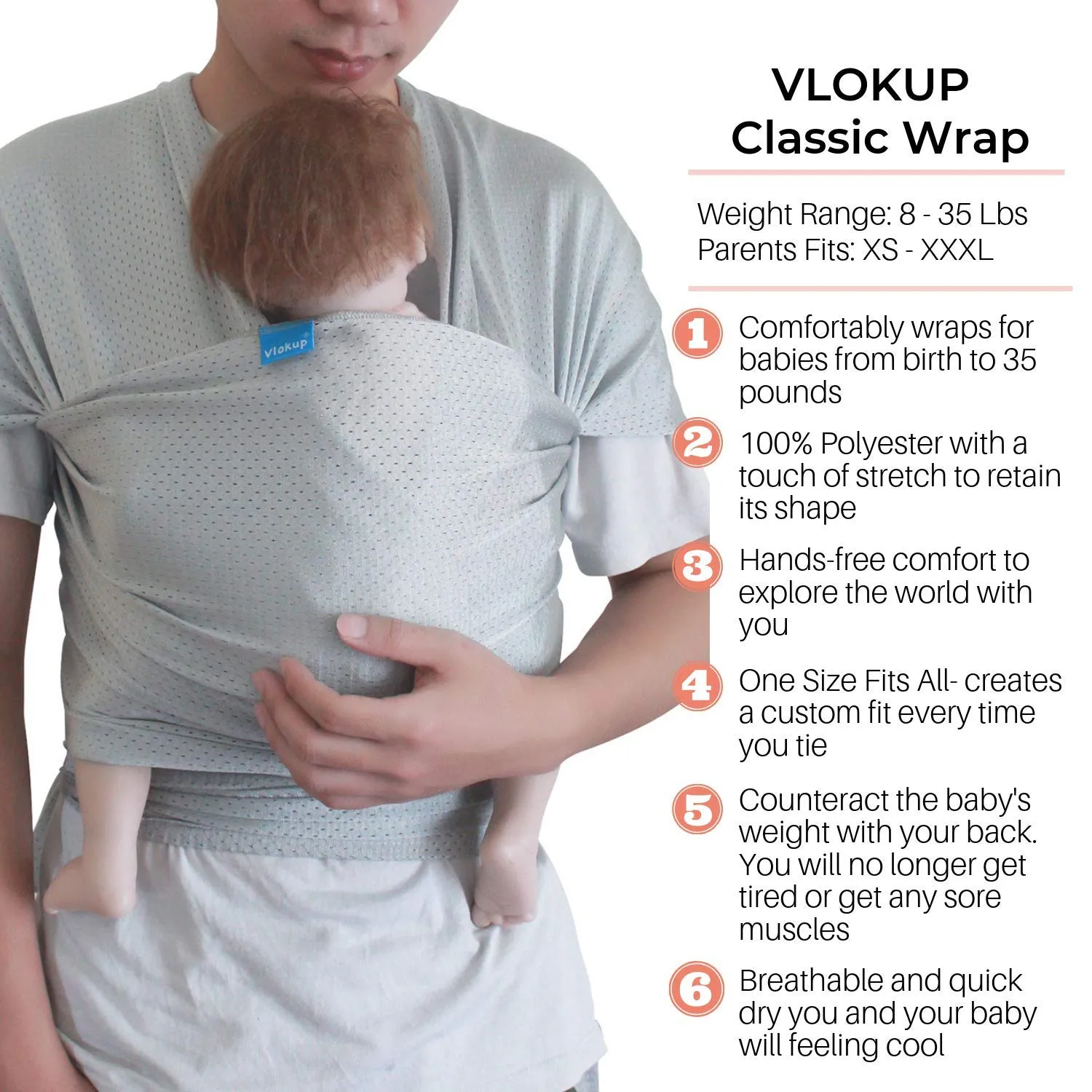 Baby Wrap Sling Carrier for Newborn, Infant, Toddler, Kid | Breathable Lightweight Stretch Mesh Water Sling | Nice for Summer, Pool, Beach, Swimming | Perfect Shower Gift LightGray