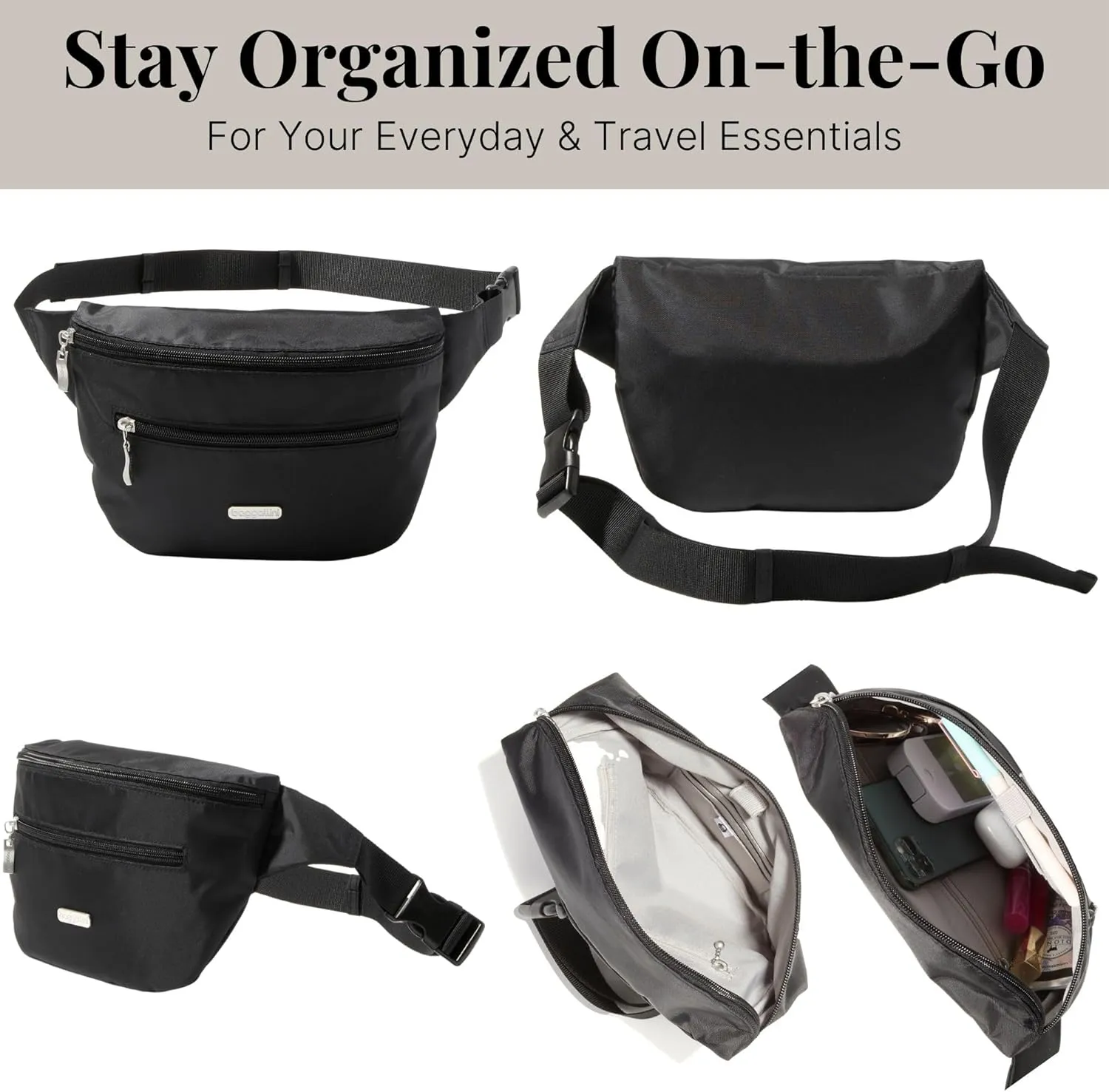Baggallini Essential Belt Bag-9x6 Crossbody Fanny Waist Pack W/RFID & Adjustable Strap