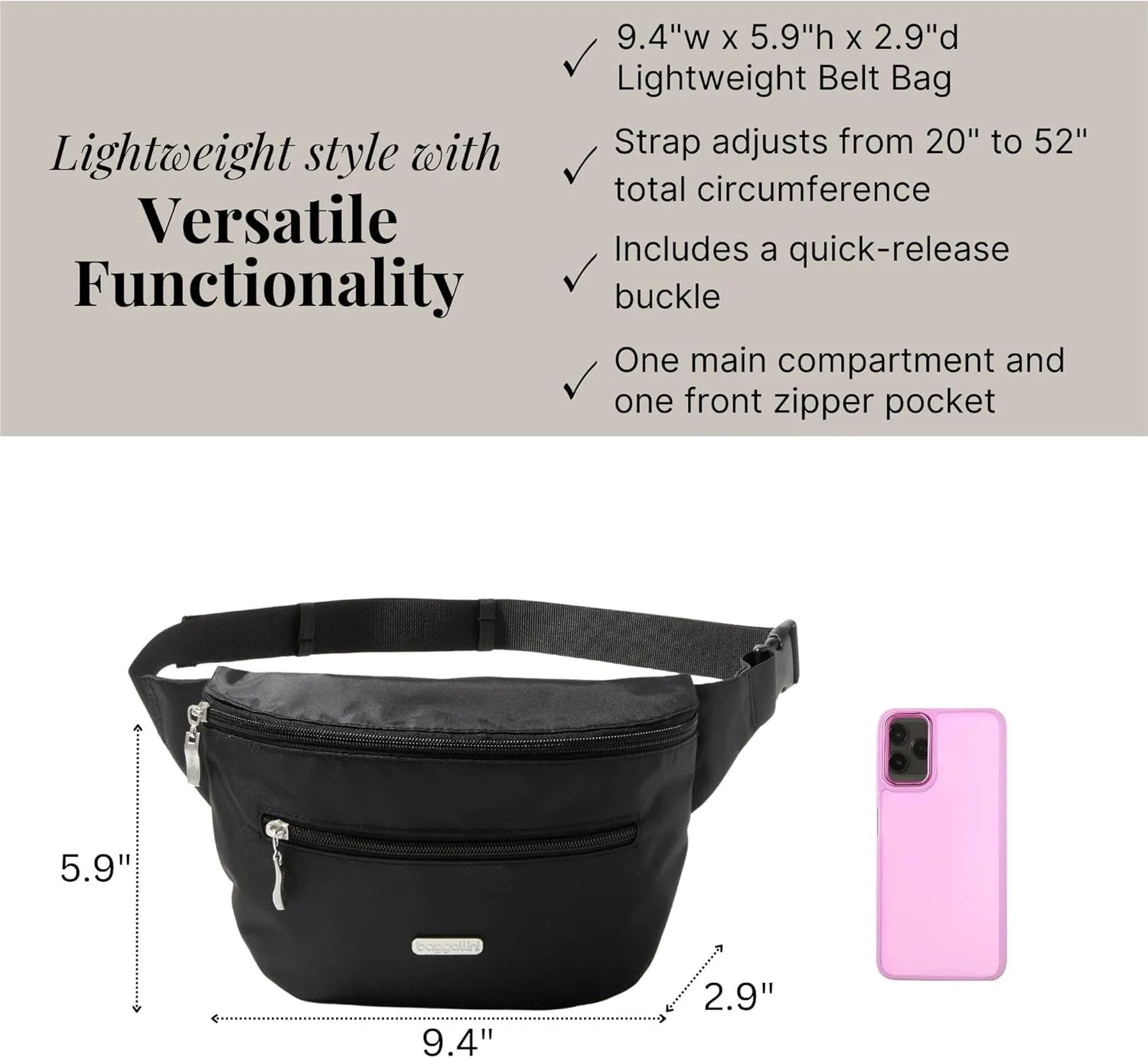 Baggallini Essential Belt Bag-9x6 Crossbody Fanny Waist Pack W/RFID & Adjustable Strap