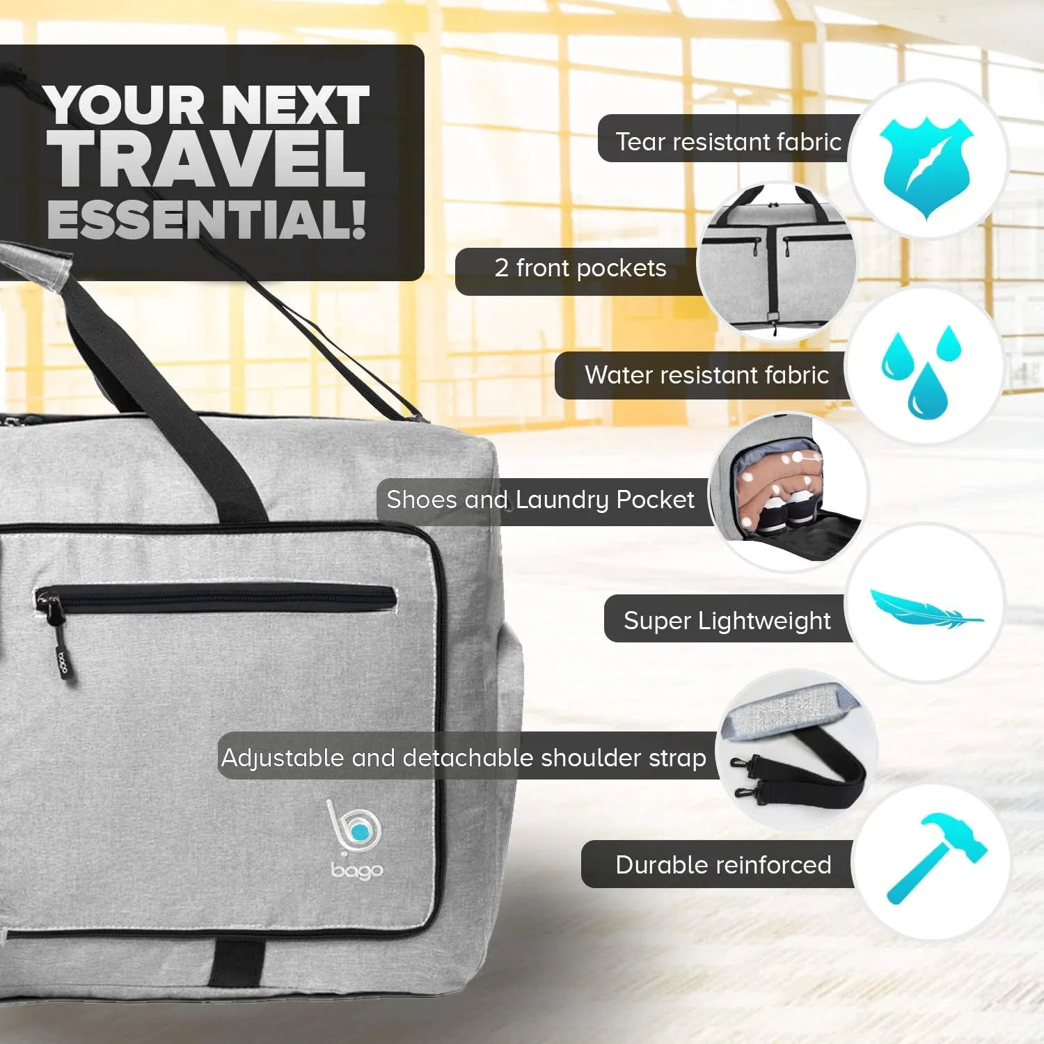 Bago Foldable Duffel Bags for Traveling Women & Men - 60L Medium Packable Duffle Bag for Travel with Shoe Compartment - Water Repellant, Heavy Duty, Lightweight Folding & Collapsible (SnowGray)