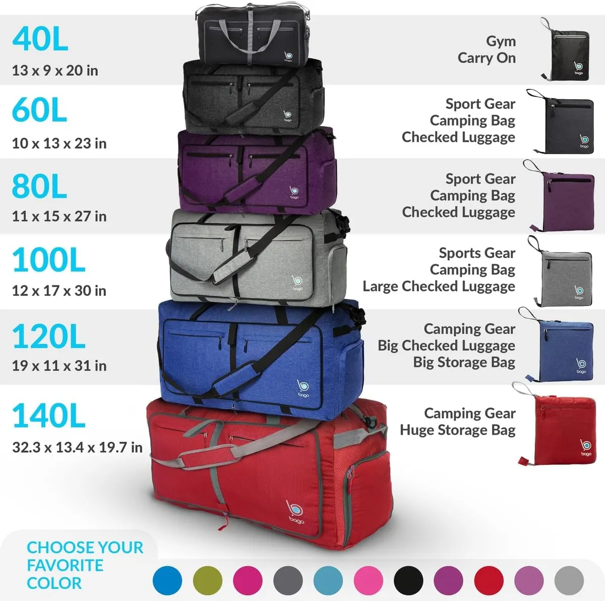 Bago Foldable Duffel Bags for Traveling Women & Men - 60L Medium Packable Duffle Bag for Travel with Shoe Compartment - Water Repellant, Heavy Duty, Lightweight Folding & Collapsible (SnowGray)