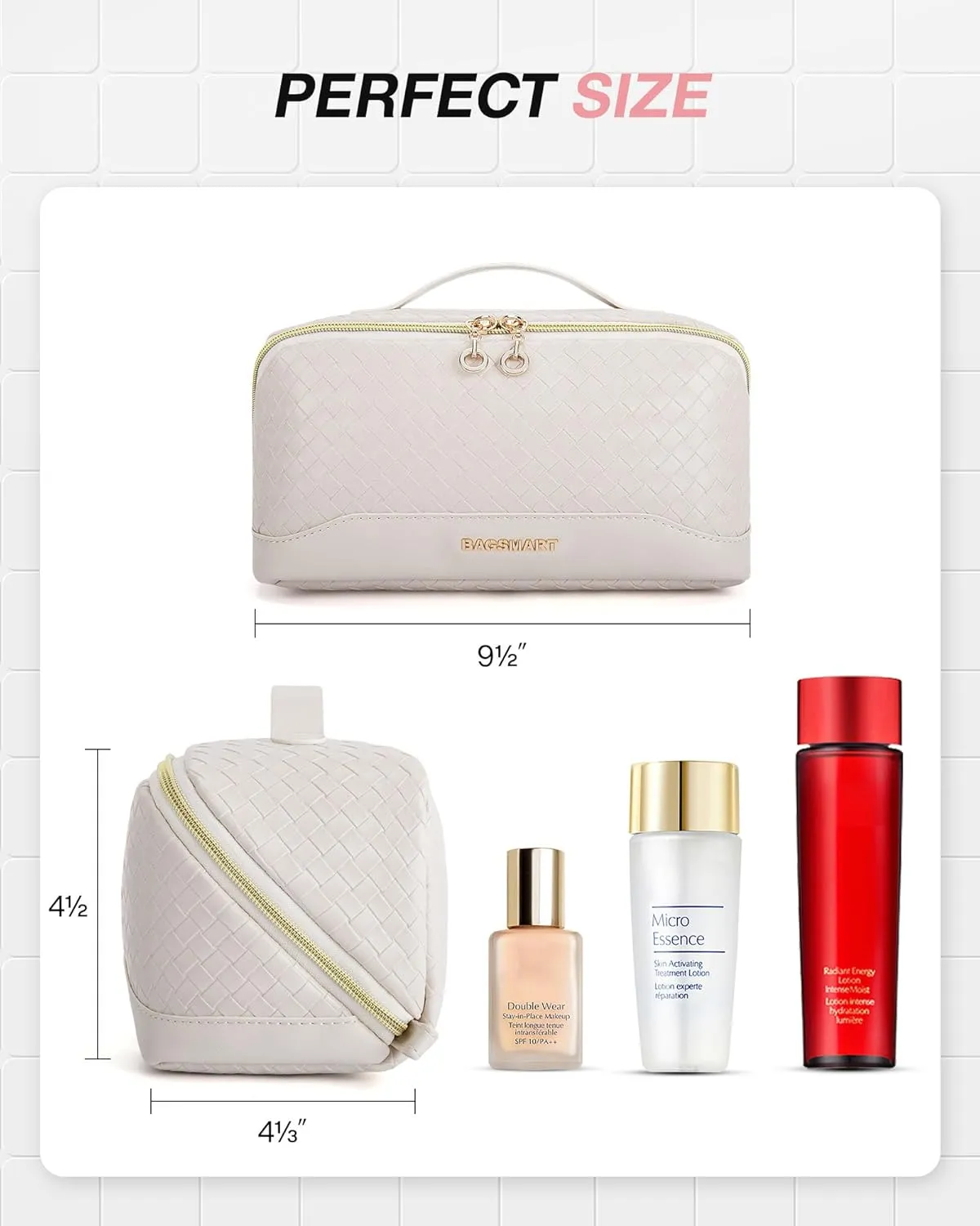 BAGSMART Makeup Bag Cosmetic Bag, Travel Toiletry Bag, PU leather Makeup Bags for Women Portable Water-resistent Pouch Open Flat Make Up Organizer Bag for Toiletries, Brushes Leather Beige