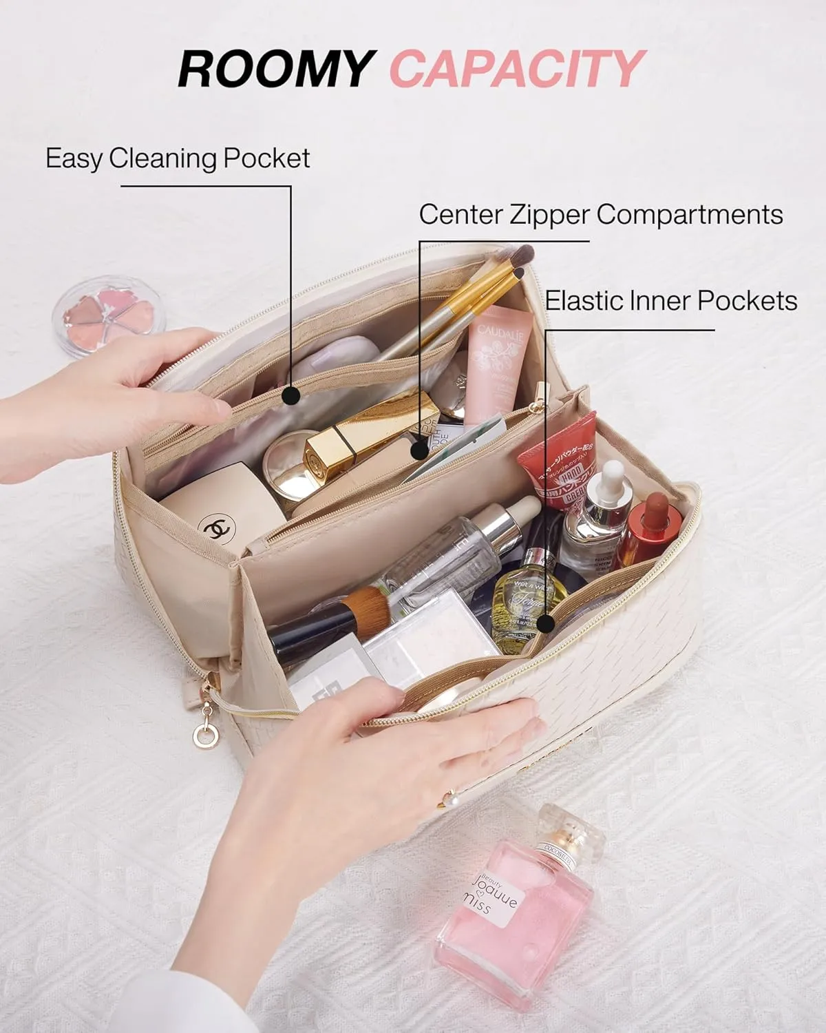 BAGSMART Makeup Bag Cosmetic Bag, Travel Toiletry Bag, PU leather Makeup Bags for Women Portable Water-resistent Pouch Open Flat Make Up Organizer Bag for Toiletries, Brushes Leather Beige