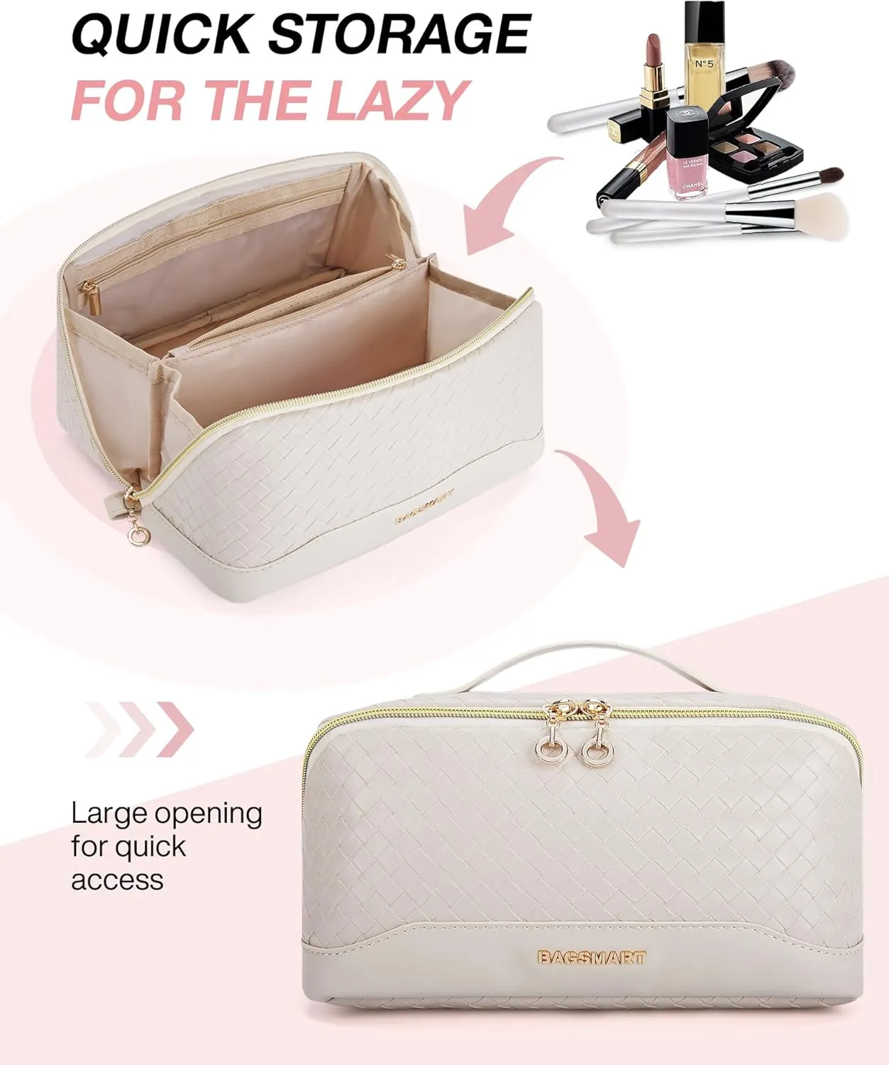 BAGSMART Makeup Bag Cosmetic Bag, Travel Toiletry Bag, PU leather Makeup Bags for Women Portable Water-resistent Pouch Open Flat Make Up Organizer Bag for Toiletries, Brushes Leather Beige