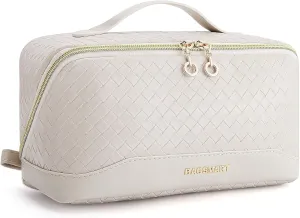 BAGSMART Makeup Bag Cosmetic Bag, Travel Toiletry Bag, PU leather Makeup Bags for Women Portable Water-resistent Pouch Open Flat Make Up Organizer Bag for Toiletries, Brushes Leather Beige