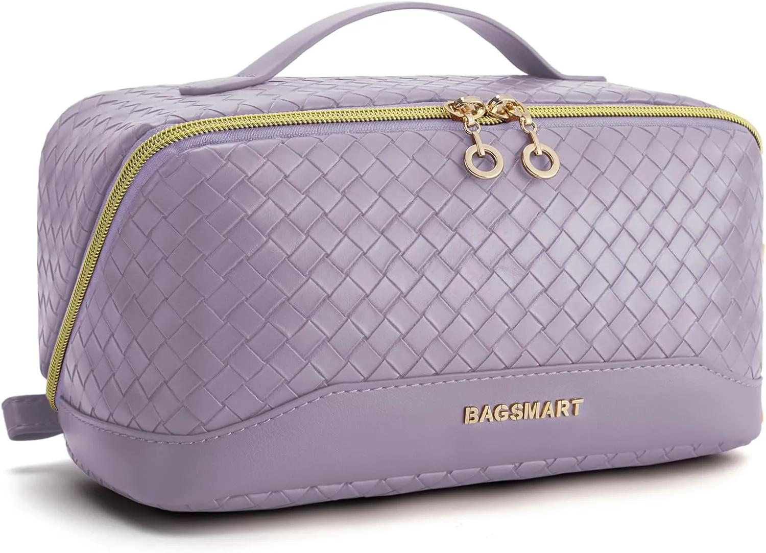 BAGSMART Makeup Bag, Travel Cosmetic Bag Organizer, PU Leather Water-Resistant Pouch, Open Flat Makeup Storage for Toiletries, Brushes, PU Leather Purple
