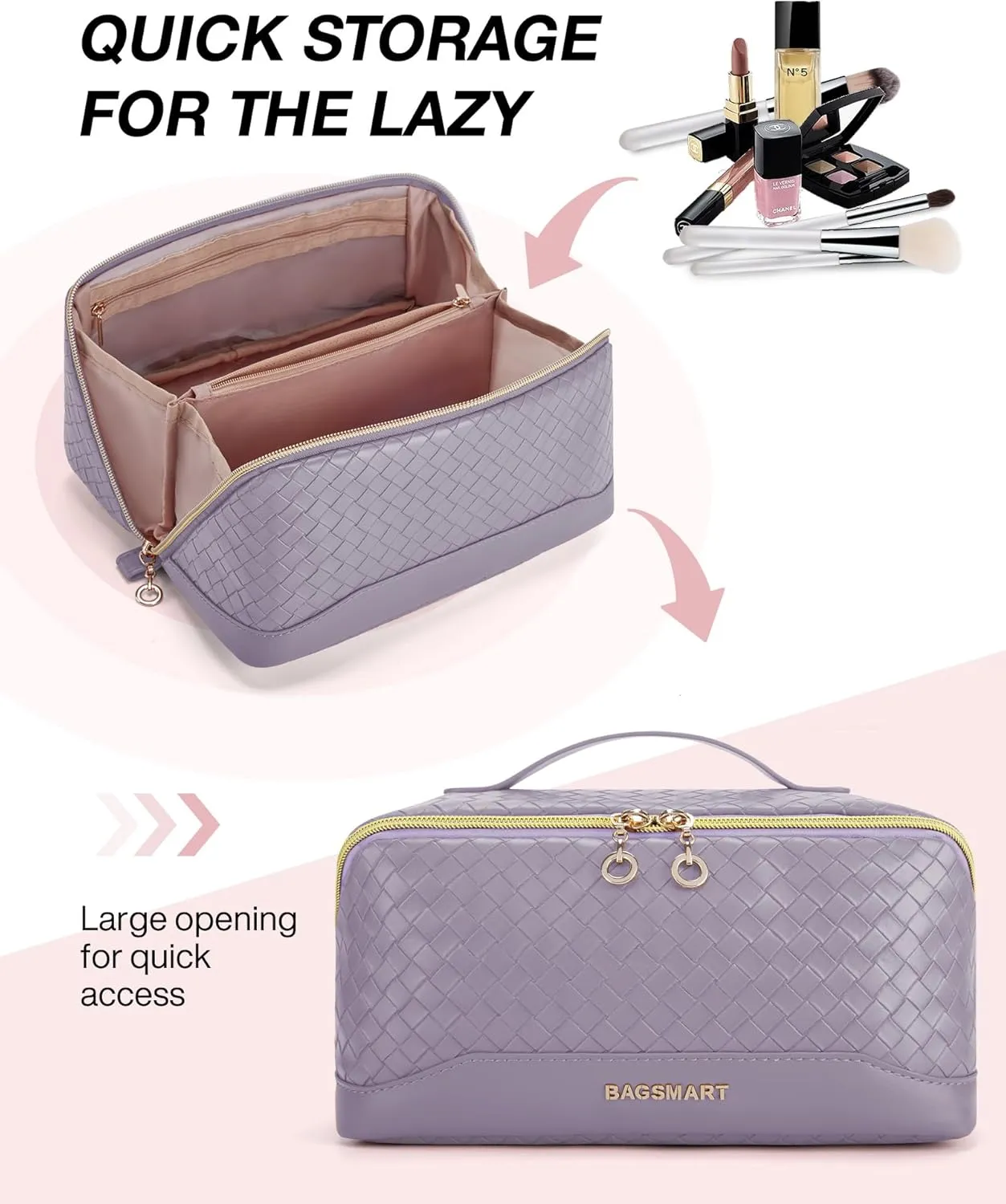 BAGSMART Makeup Bag, Travel Cosmetic Bag Organizer, PU Leather Water-Resistant Pouch, Open Flat Makeup Storage for Toiletries, Brushes, PU Leather Purple