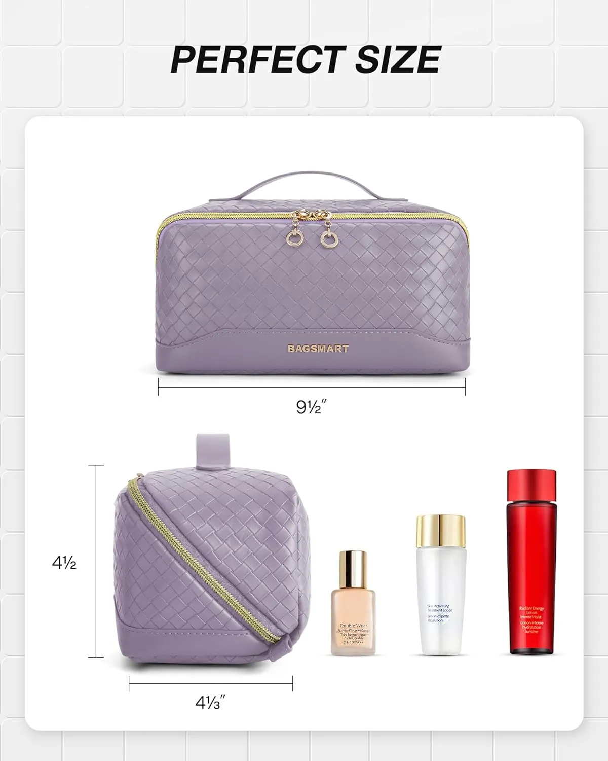 BAGSMART Makeup Bag, Travel Cosmetic Bag Organizer, PU Leather Water-Resistant Pouch, Open Flat Makeup Storage for Toiletries, Brushes, PU Leather Purple