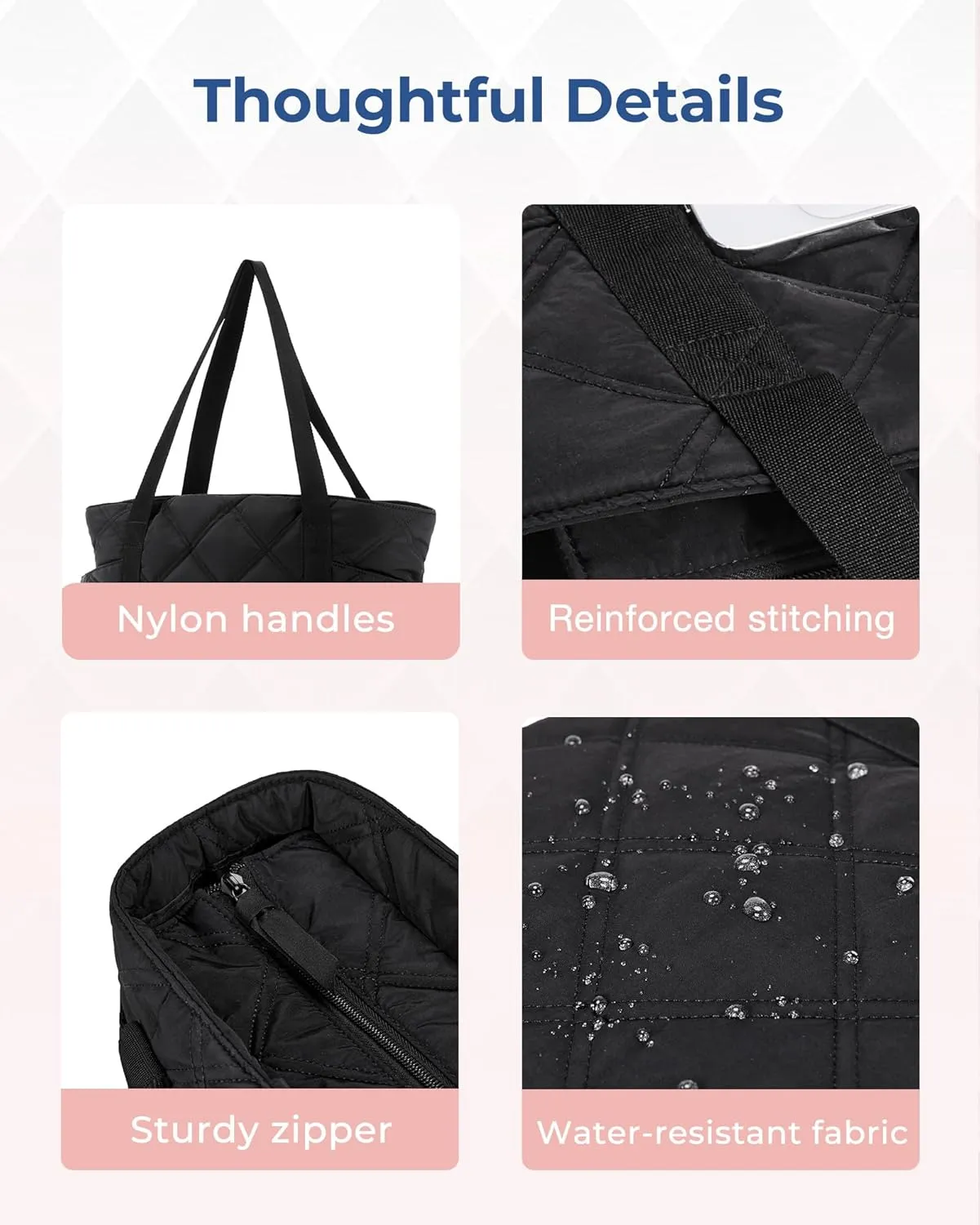 BAGSMART Tote Bag for Women, Puffer Work Tote with Zipper, Travel Essentials Quilted Nurse Travel Hospital Bag