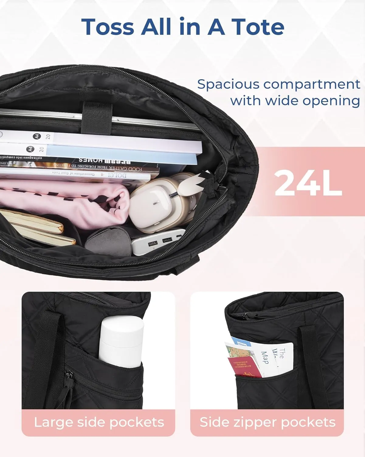 BAGSMART Tote Bag for Women, Puffer Work Tote with Zipper, Travel Essentials Quilted Nurse Travel Hospital Bag
