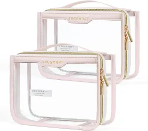 BAGSMART TSA Approved Toiletry Bag, Clear Travel Toiletry Bag, Makeup Cosmetic Pouch Bag for Women Quart Size Compliant Bag Organizer for Travel Essentials (Pink Pack of 2)