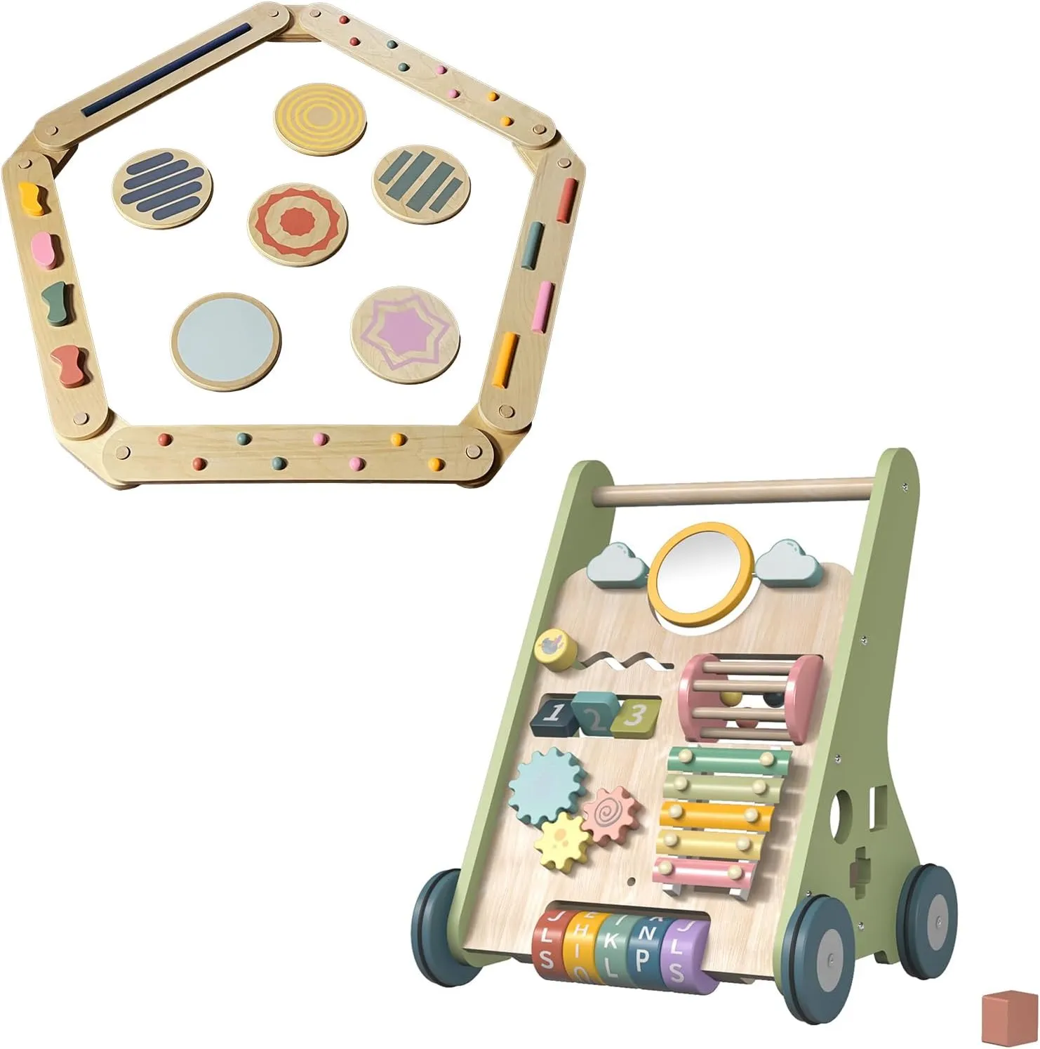 Balance Beam Wooden Balance Board Stepping Stones Montessori Toy for Kids 3-5 Wooden Baby Walker Wheels,Baby Push Walker for Babies 6-12 Months