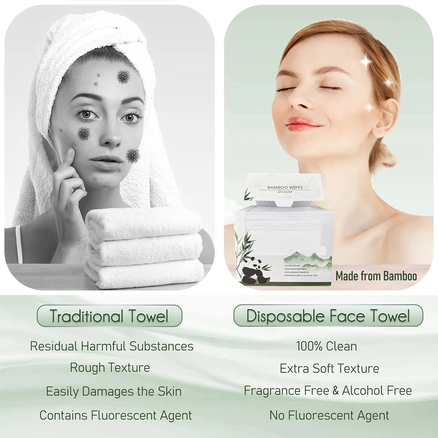 Bamboo Rayon Disposable Face Towel Biodegradable Large Dry Face Wipes 240 Count / 4 Boxes Extra Thick Soft Clean Facial Towels for Sensitive Skin, Makeup Removing, Facial Cleansing