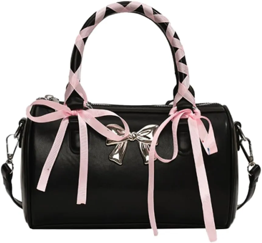 Barrel Purses for Women Bow Purse Hand Bags for Women 2024 Leather Tote Bag Y2k Purse Crossbody Boston Bag Shoulder Bag