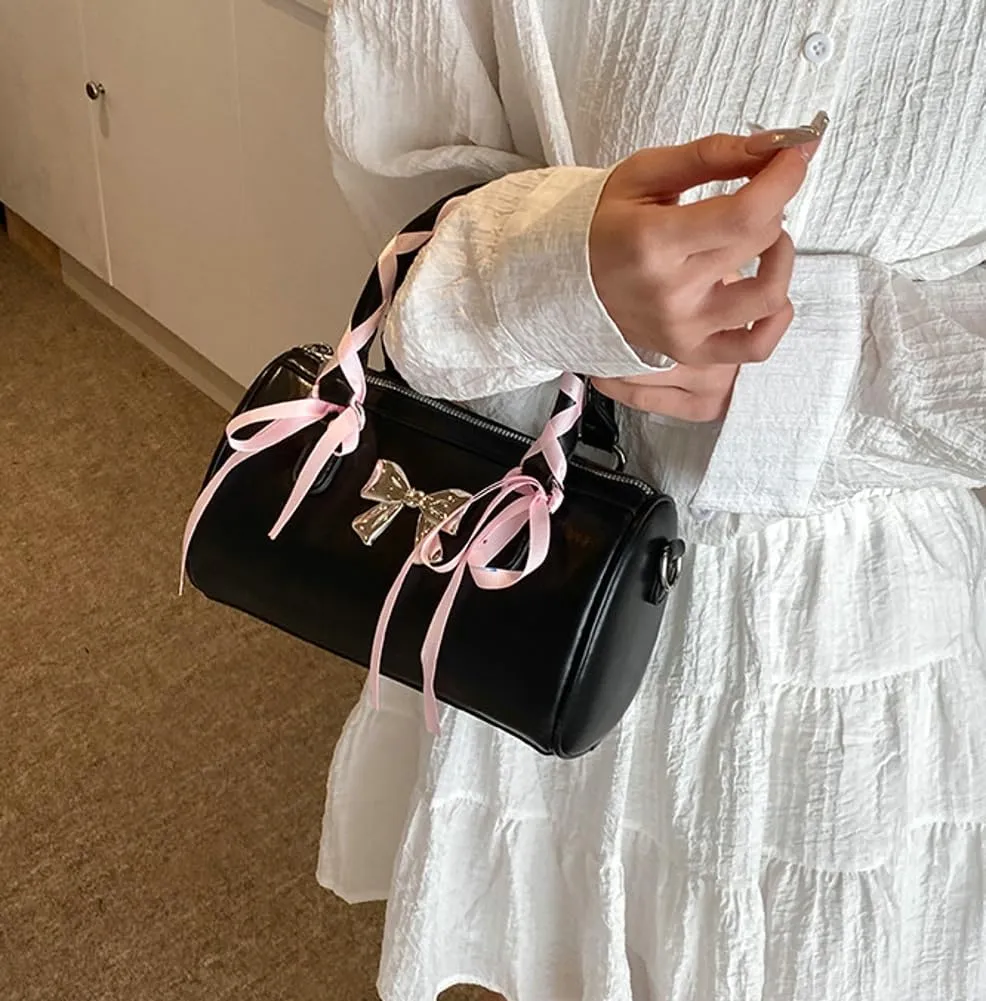 Barrel Purses for Women Bow Purse Hand Bags for Women 2024 Leather Tote Bag Y2k Purse Crossbody Boston Bag Shoulder Bag
