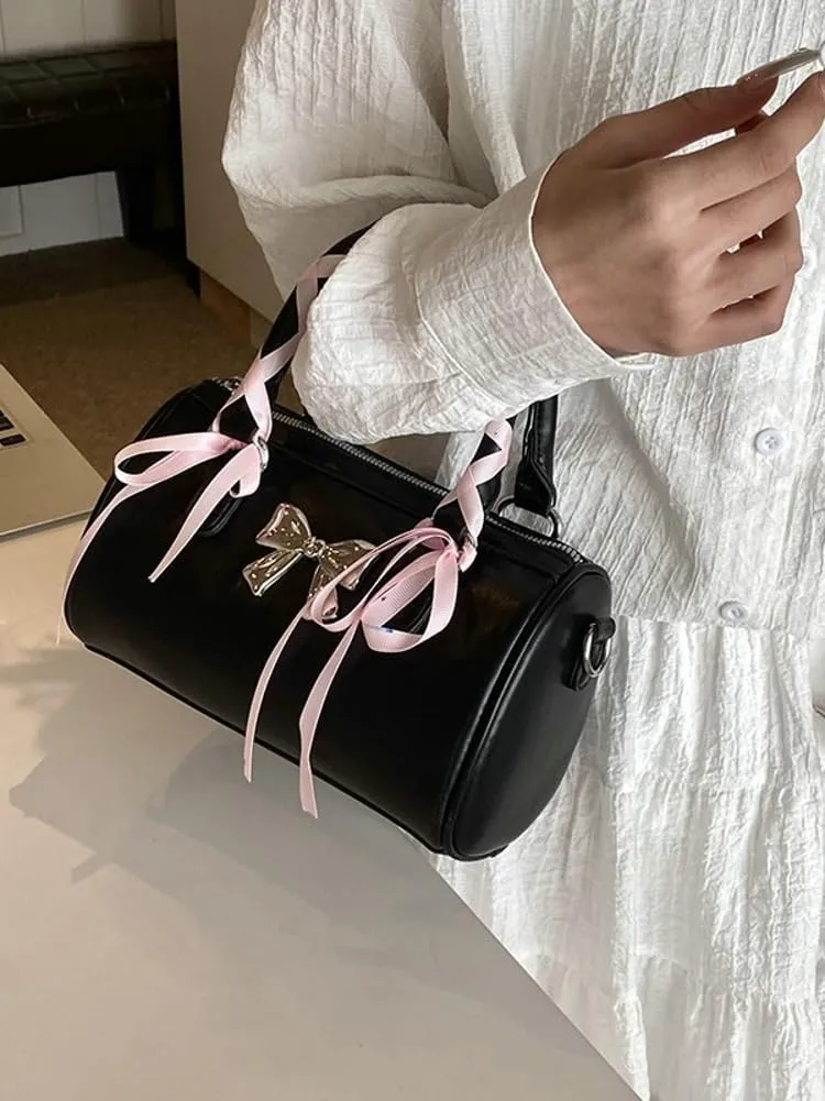 Barrel Purses for Women Bow Purse Hand Bags for Women 2024 Leather Tote Bag Y2k Purse Crossbody Boston Bag Shoulder Bag