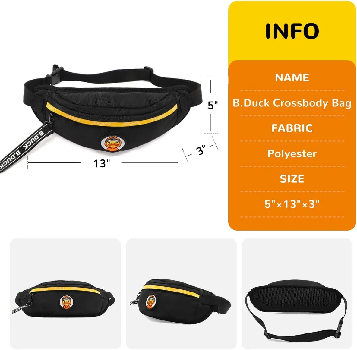 B.Duck Fanny Pack for Teen Crossbody Purse Waist Bag Canvas Black Yellow Hip Bum Bag with Adjustable Belt