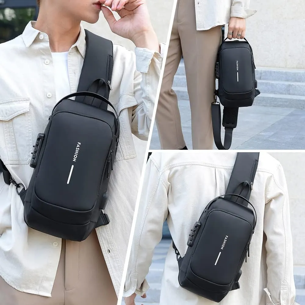 Bealin Waterproof Sling Bag Crossbody Backpack for Men Women Anti-Theft Sling Chest Bag with USB Charging Port for Hiking Walking Black