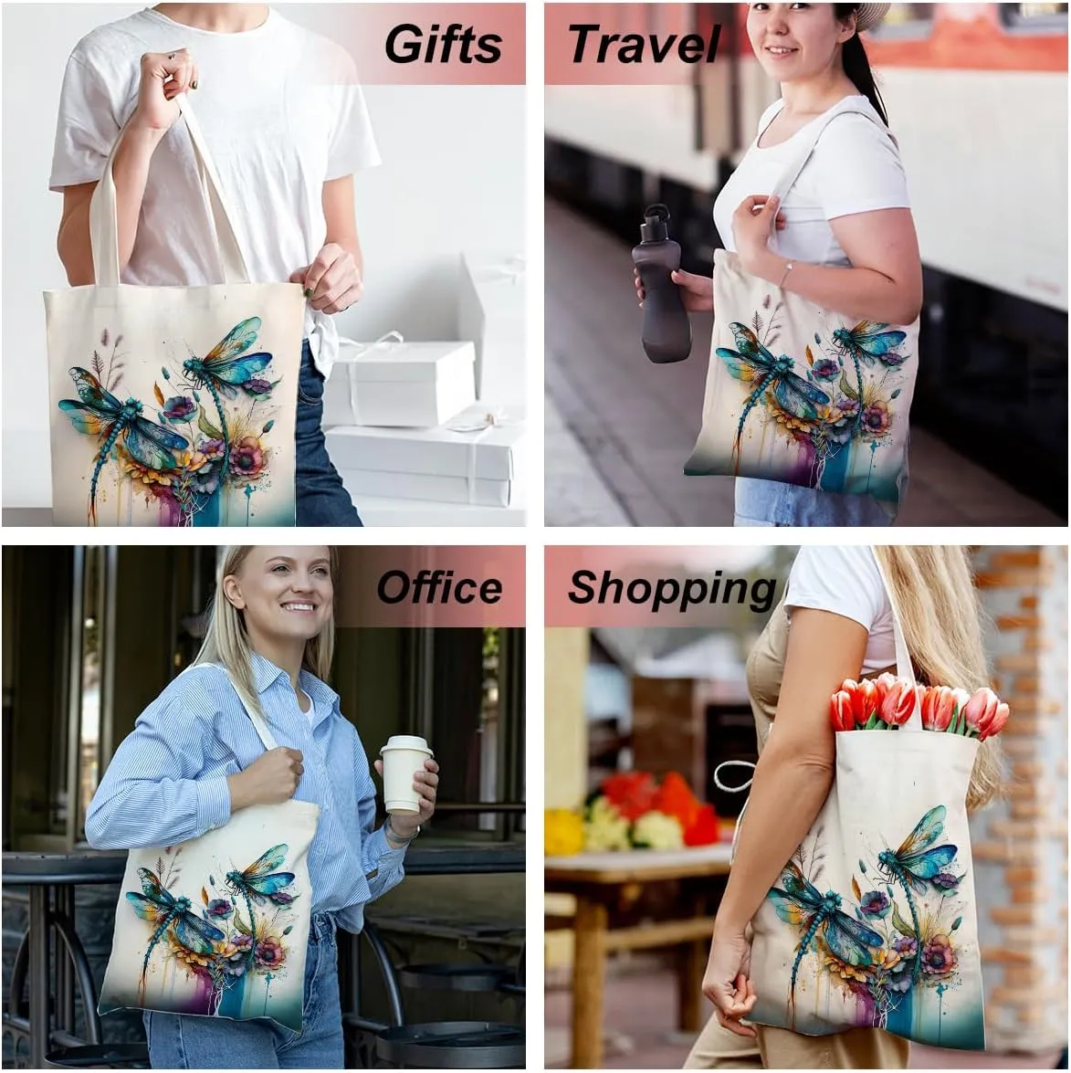 Bee Dragonfly Sunflower Gifts Canvas Tote Bag for Women Girl Christmas Birthday Cute Beach Reusable Grocery Bags