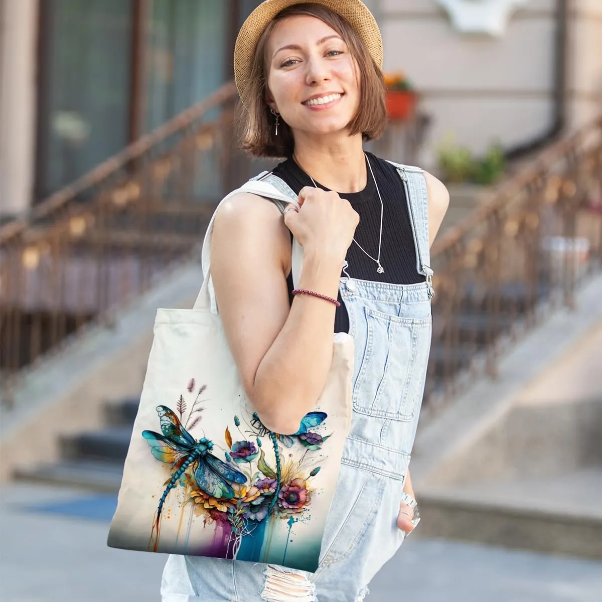 Bee Dragonfly Sunflower Gifts Canvas Tote Bag for Women Girl Christmas Birthday Cute Beach Reusable Grocery Bags