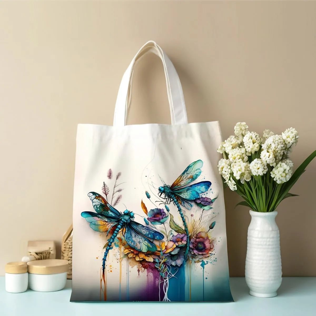 Bee Dragonfly Sunflower Gifts Canvas Tote Bag for Women Girl Christmas Birthday Cute Beach Reusable Grocery Bags
