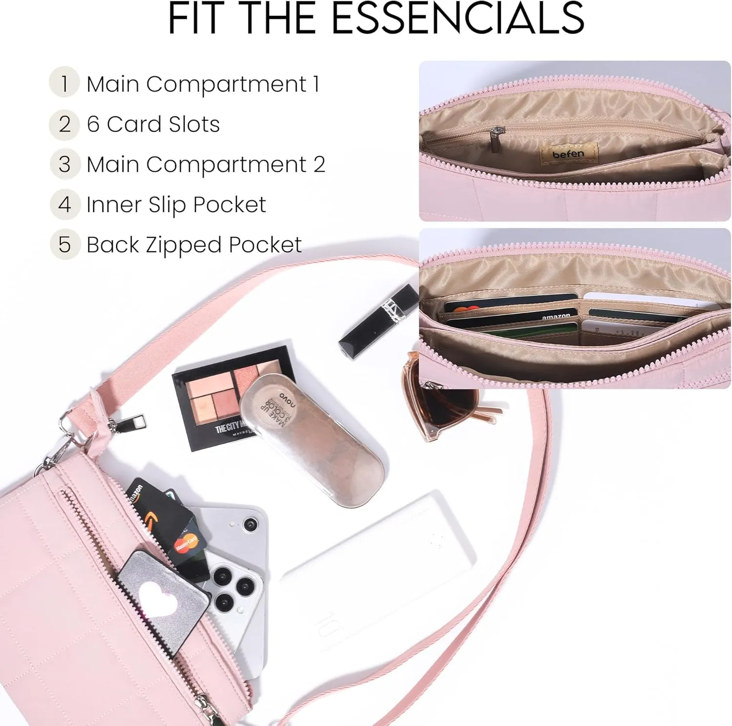 befen Puffer Crossbody Wristlet for Women, RFID Wristlet Wallet Purse with 2 Strap, Lightweight Shoulder Bag for Travel