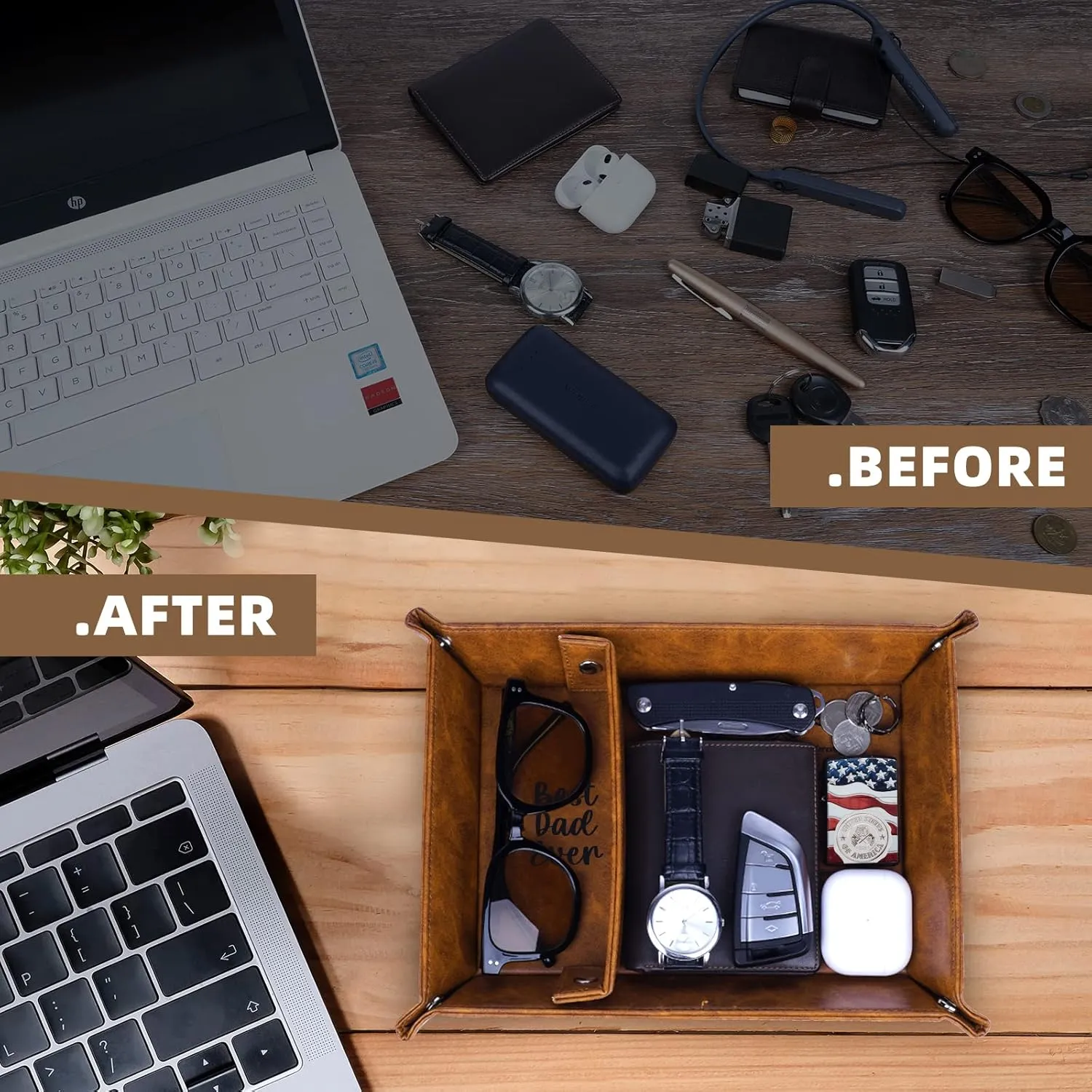 Best Dad Ever PU Leather Tray and Keychain, Dad Gifts for Father Day, Unique Dad Birthday Gift from Daughter Son, Men Gift for Father, New Dad Gifts for Husband from Wife