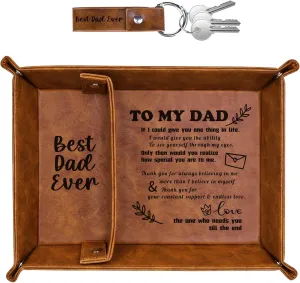 Best Dad Ever PU Leather Tray and Keychain, Gifts for Dad Christmas Xmas Stocking Stuffers, Unique Dad Birthday Gift from Daughter Son, Men Gift for Father, New Dad Gifts for Husband from Wife