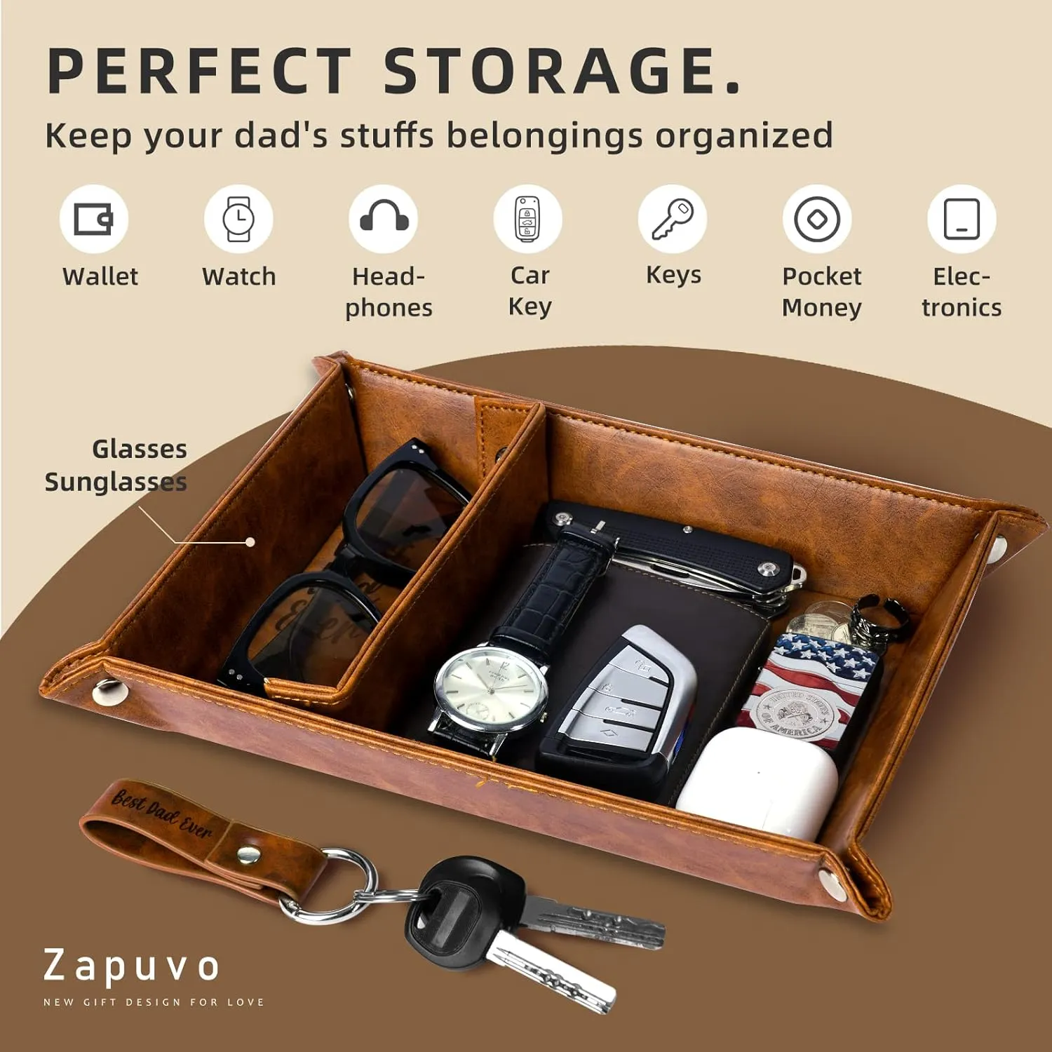 Best Dad Ever PU Leather Tray and Keychain, Gifts for Dad Christmas Xmas Stocking Stuffers, Unique Dad Birthday Gift from Daughter Son, Men Gift for Father, New Dad Gifts for Husband from Wife