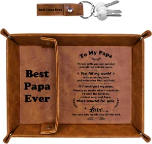 Best Papa Ever PU Leather Tray and Keychain, Unique Papa Grandpa Gifts for Christmas Xmas from Granddaughter Grandson, Birthday Gifts for Dad from Daughter Son Stocking Stuffer
