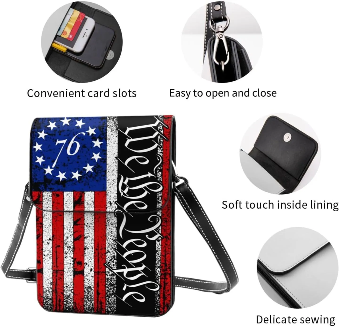 Betsy Ross American Flag 1776 Leather Crossbody Phone Purse for Women Cute Wallet Bags Lightweight Mini Sling Bag