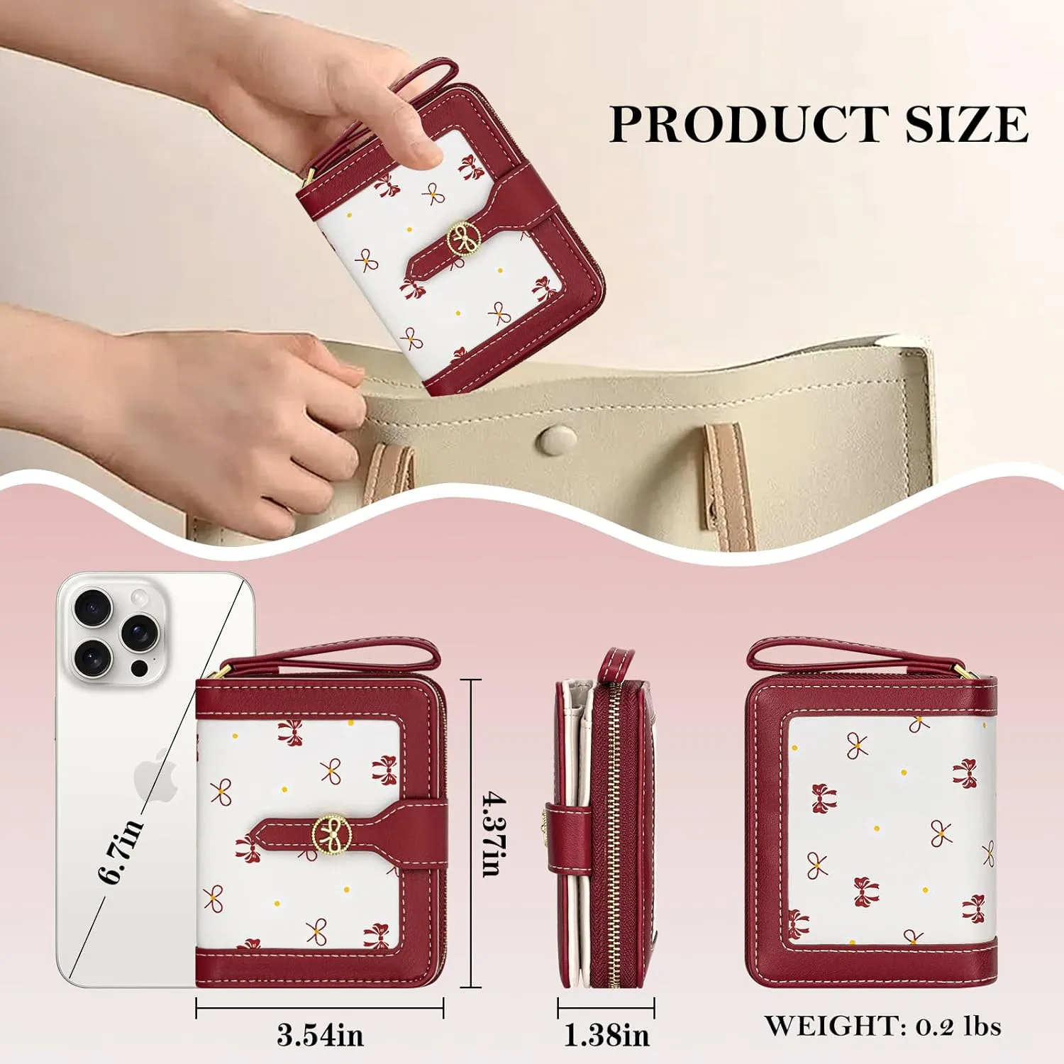 BIAOTIE Bow Women's Wallet Cute Bifold Zipper Around Wallet for Women RFID Credit Card Holder Purse for Ladies Aesthetic Leather Card Holder Purse